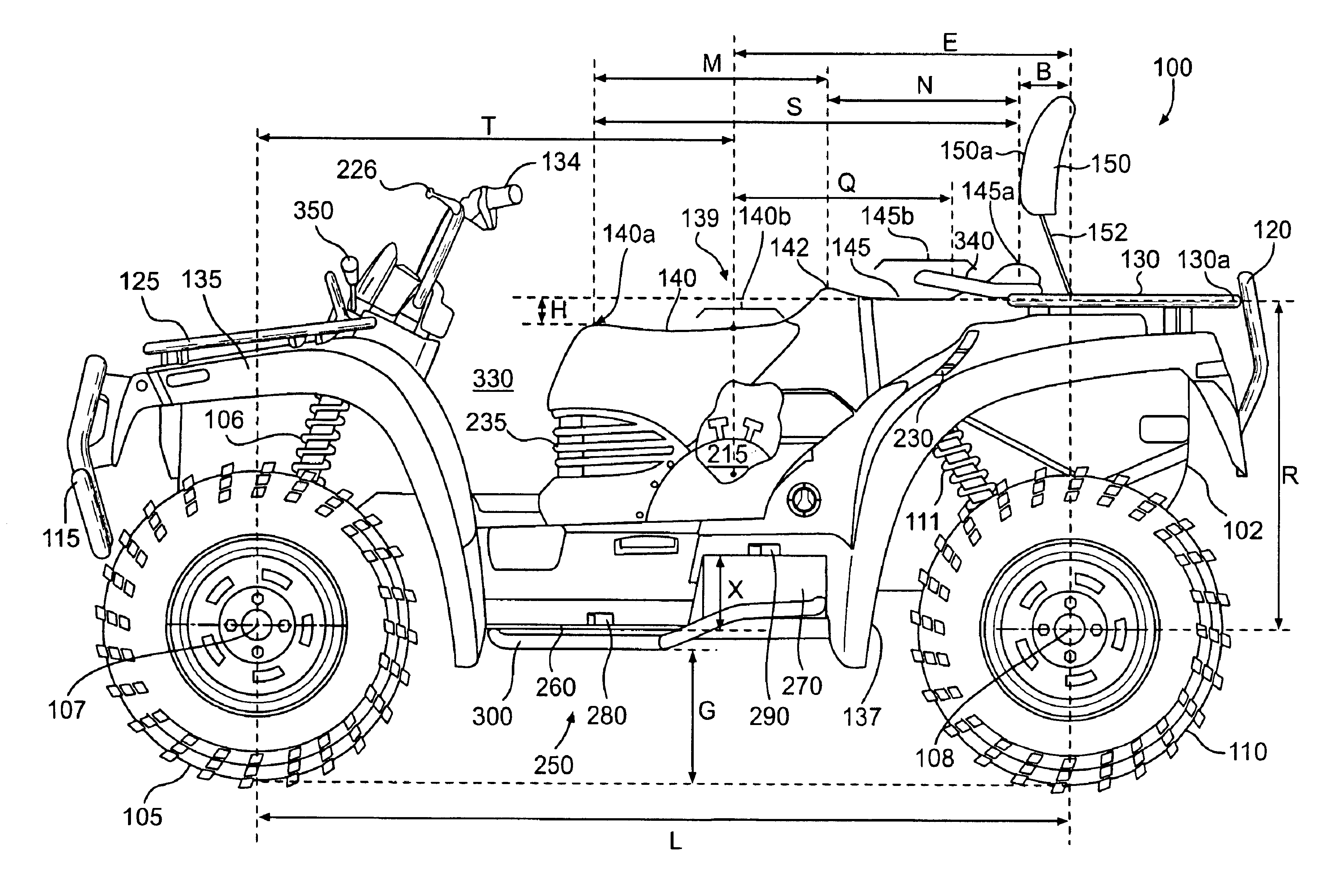 ATV with improved driver positioning and/or multi passenger capacity