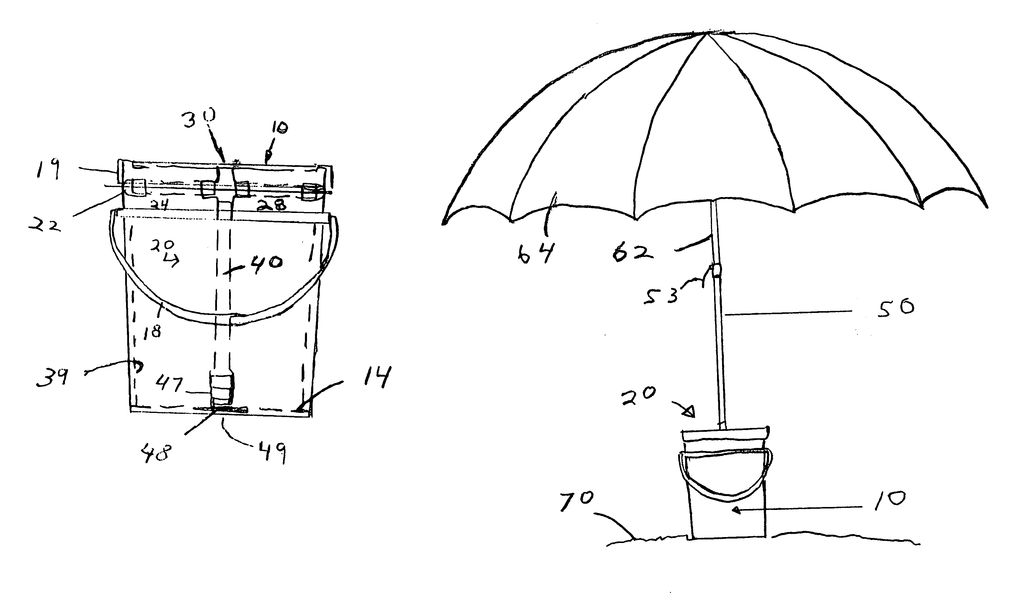 Carriable storage bucket for supporting a raised umbrella