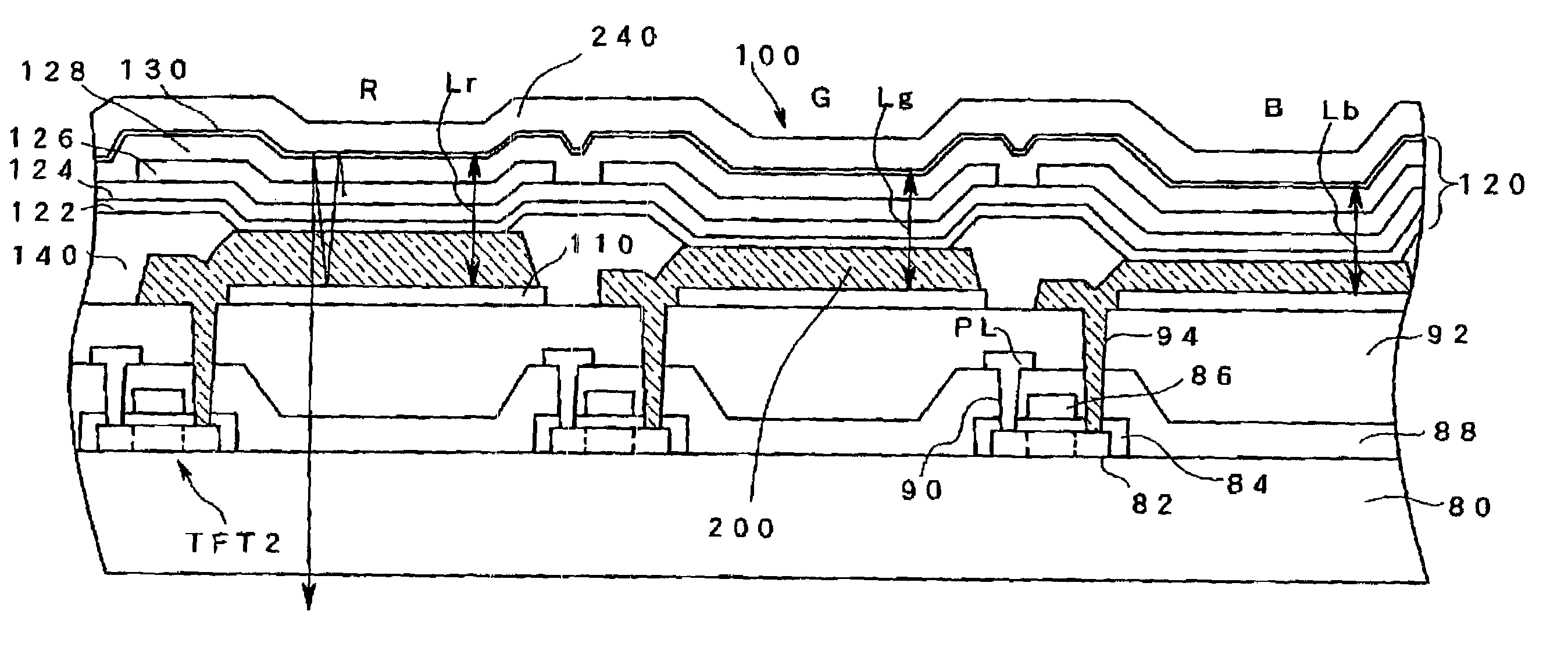 Method for manufacturing display device with conductive resonator spacer layers having different total thicknesses