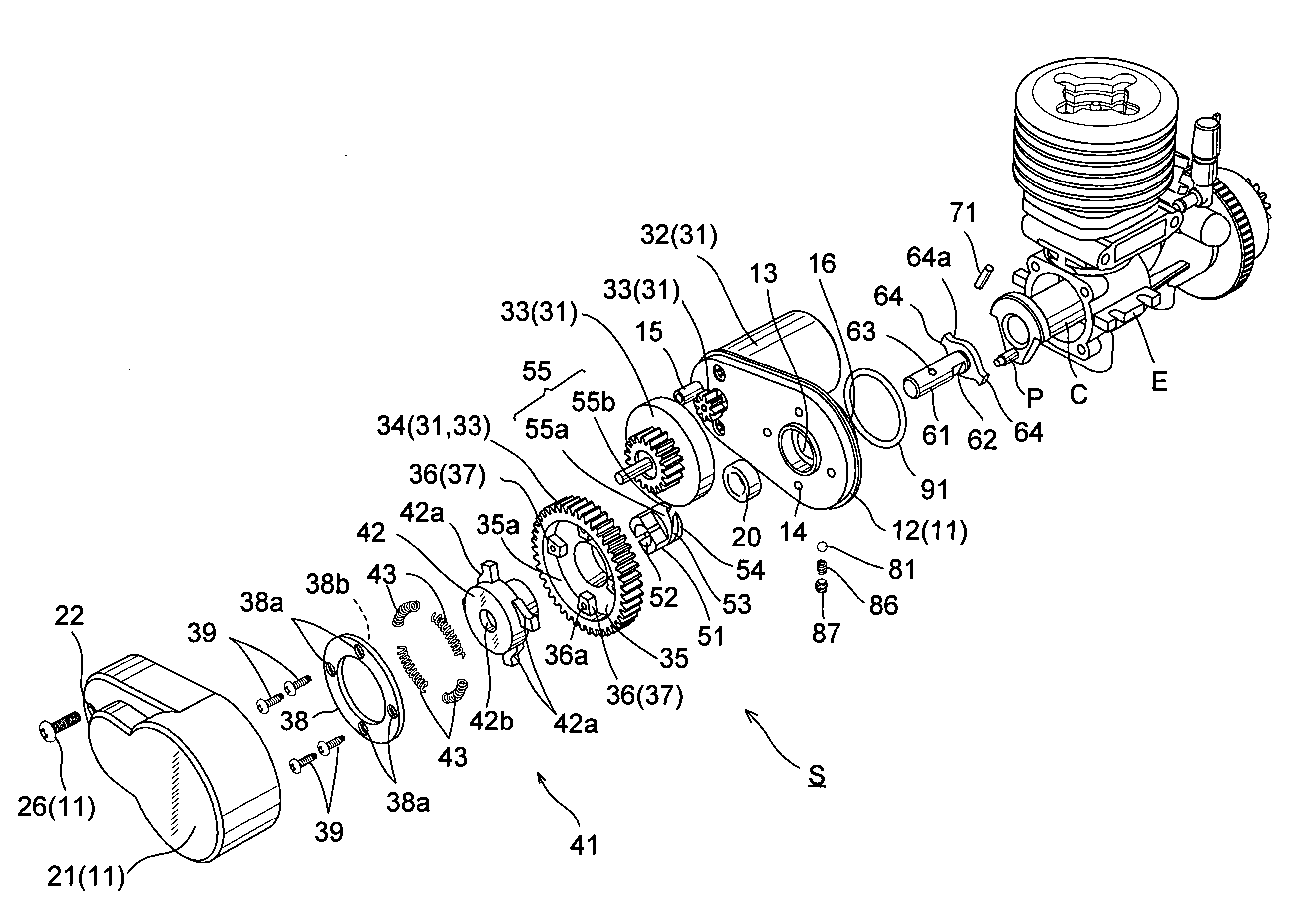 Gear system having a gear installed with shock absorber means in model engine starter