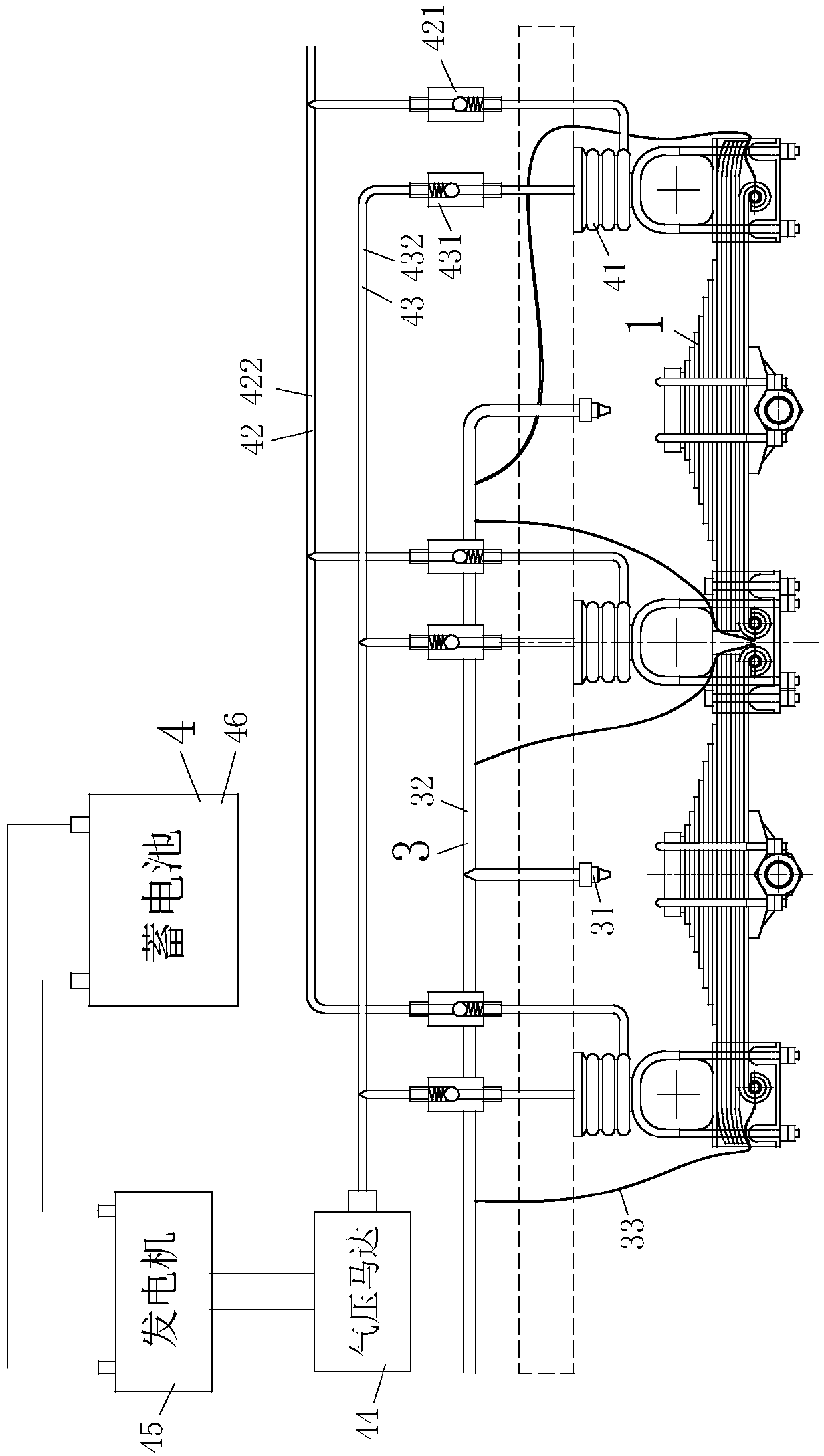 A pneumatic self-generating semi-trailer suspension device