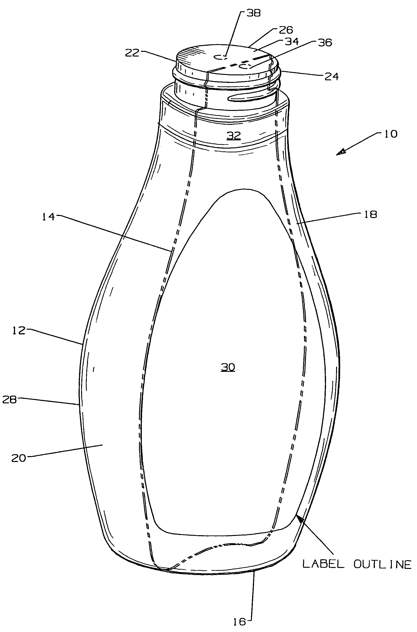 Diagonally divided bottle with curved line of division distinct from edge curve