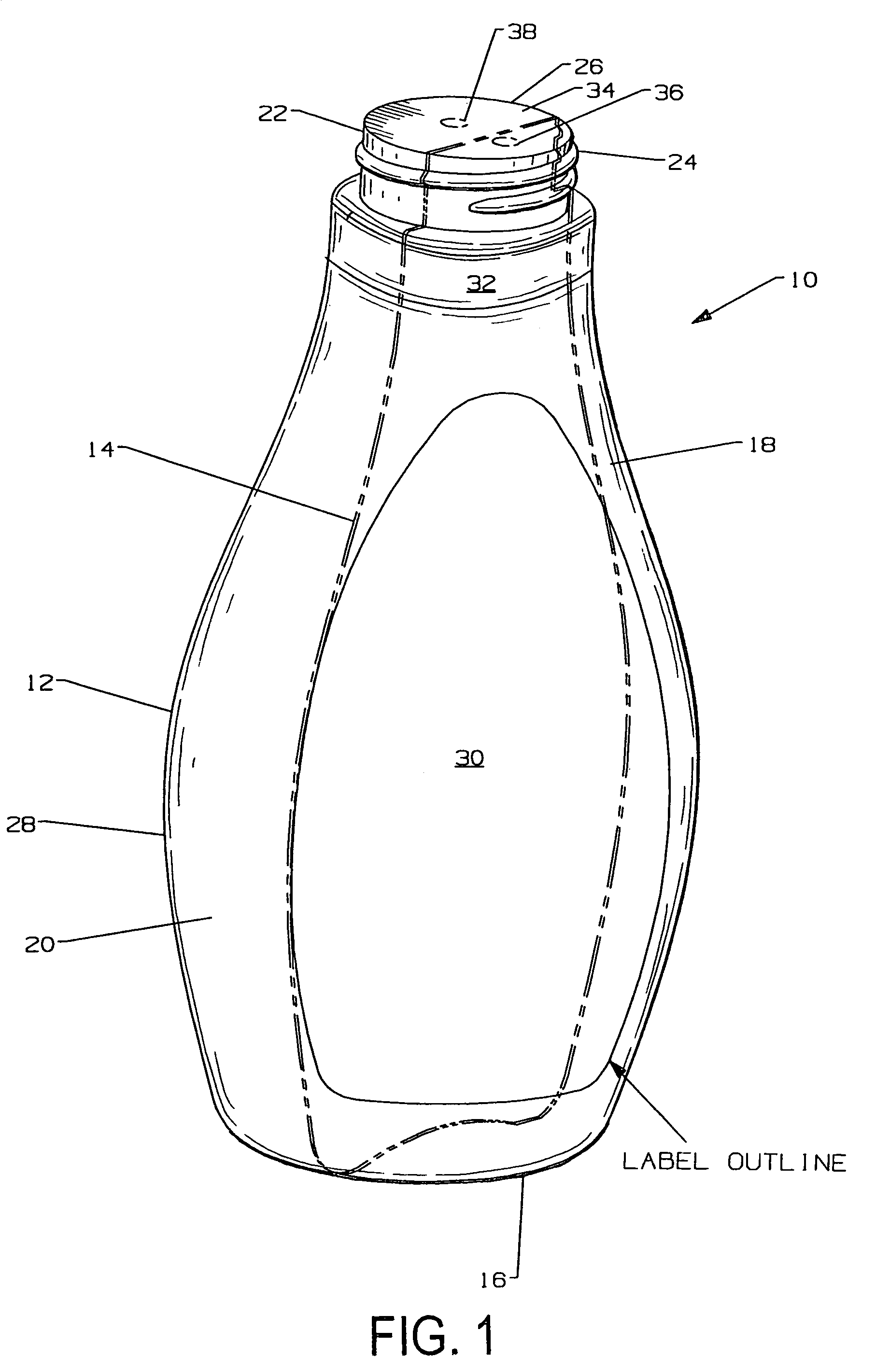 Diagonally divided bottle with curved line of division distinct from edge curve