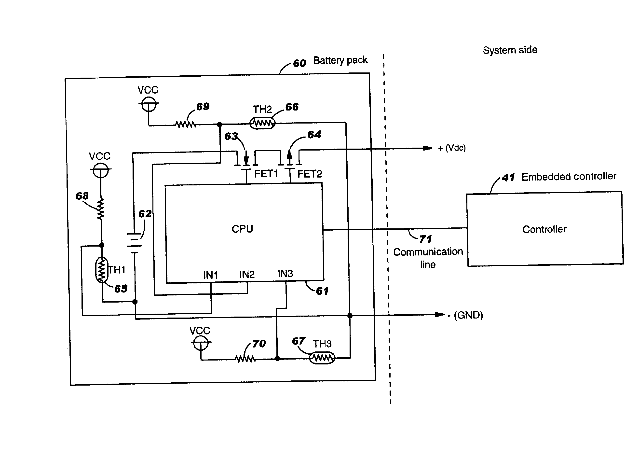 Battery having a plurality of temperature sensors for outputting different control information to a connected computer system based upon the temperature relationships of the sensors