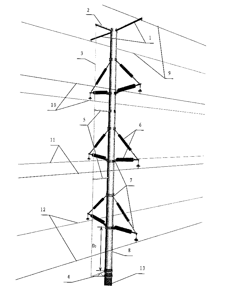 Method for vertical grounding down leading on inner side of composite material tower and tower