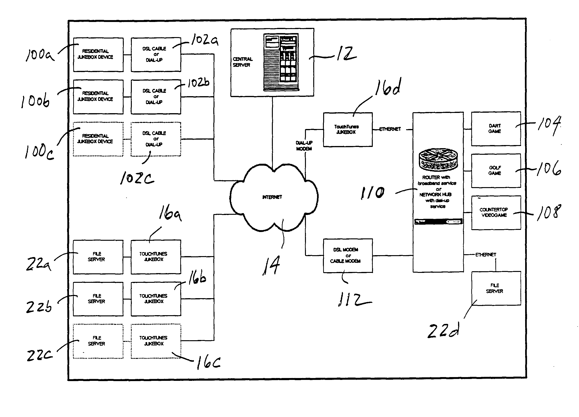 Digital downloading jukebox system with central and local music servers