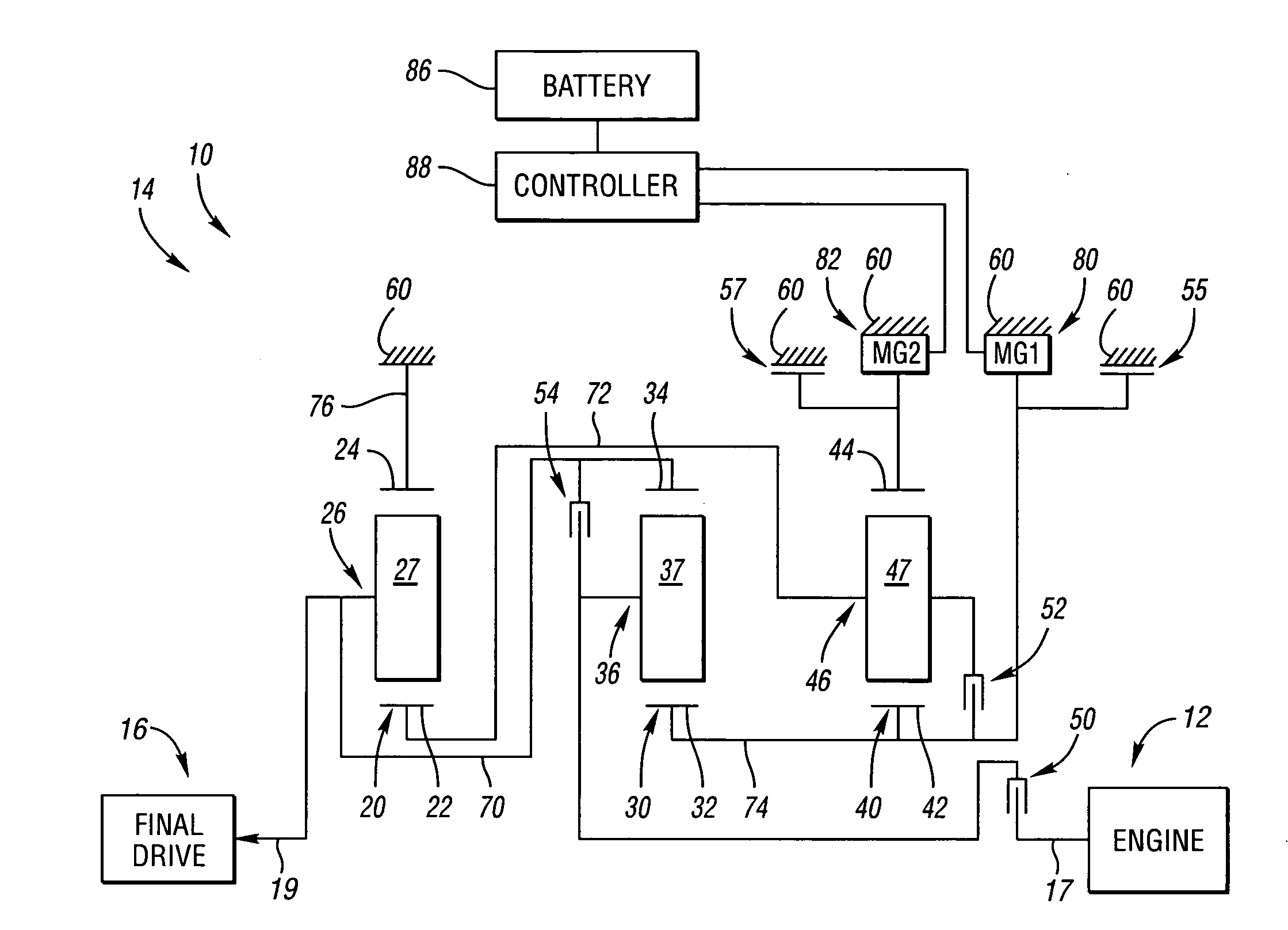 Electrically variable transmission having three planetary gear sets, a stationary member, three fixed interconnections and clutched input