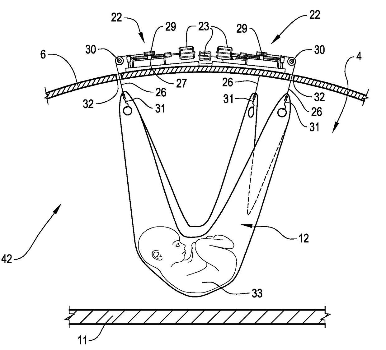 Arrangement for neuropostural and sensory suspension of premature newborn in incubators