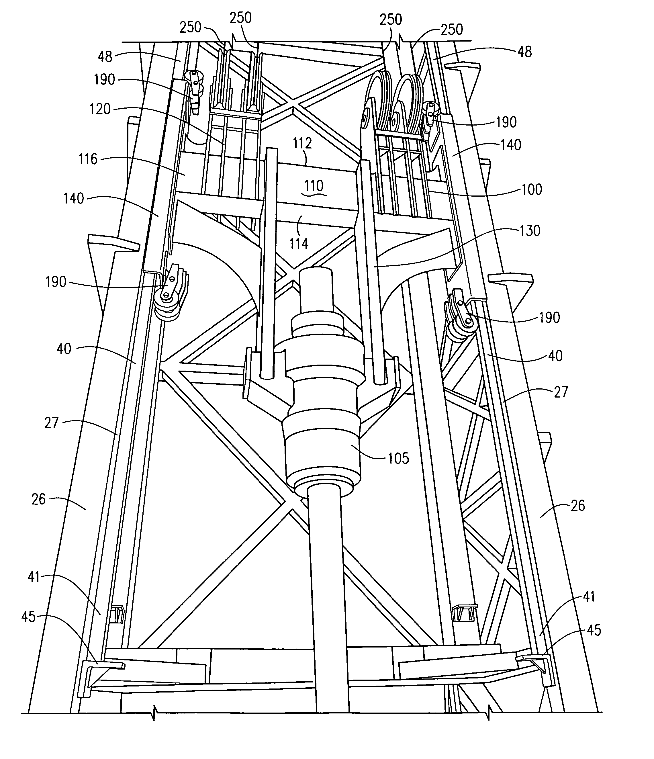 Telescoping drilling derrick with guide track and top drive guide assembly