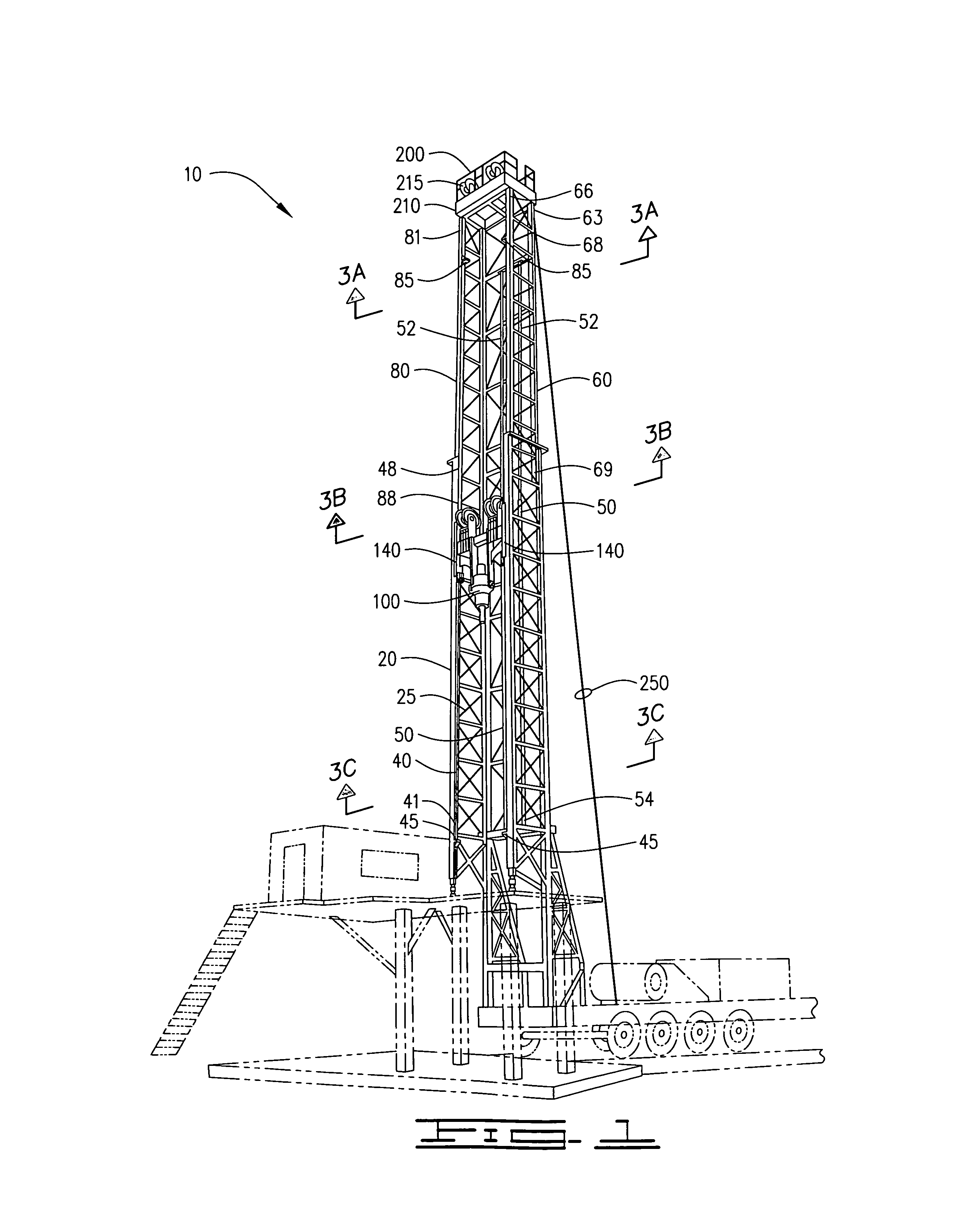 Telescoping drilling derrick with guide track and top drive guide assembly