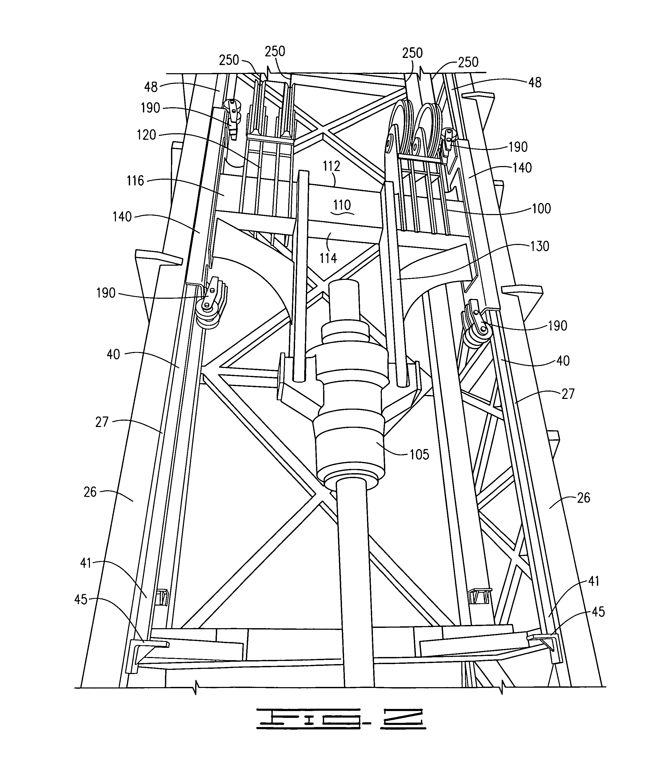 Telescoping drilling derrick with guide track and top drive guide assembly