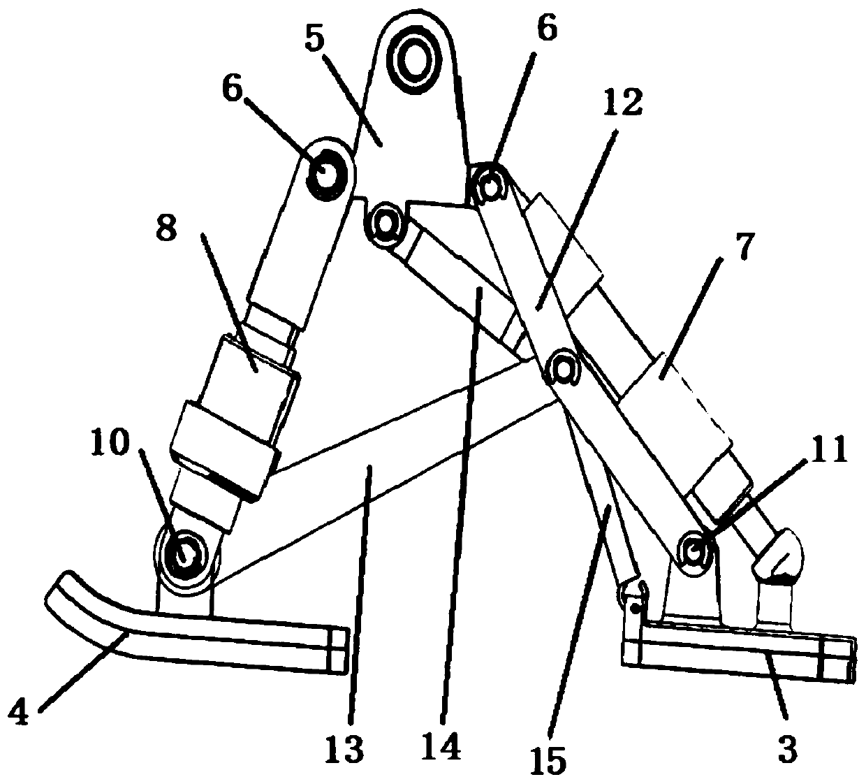 Single-driving-force multi-freedom-degree foot device realizing self-adaption to landform