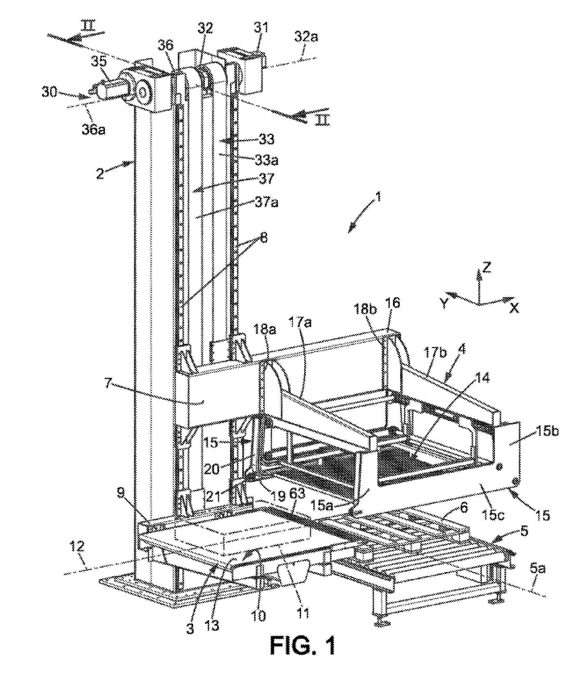 Device for transferring pre-formed layers of objects to the top of a pallet