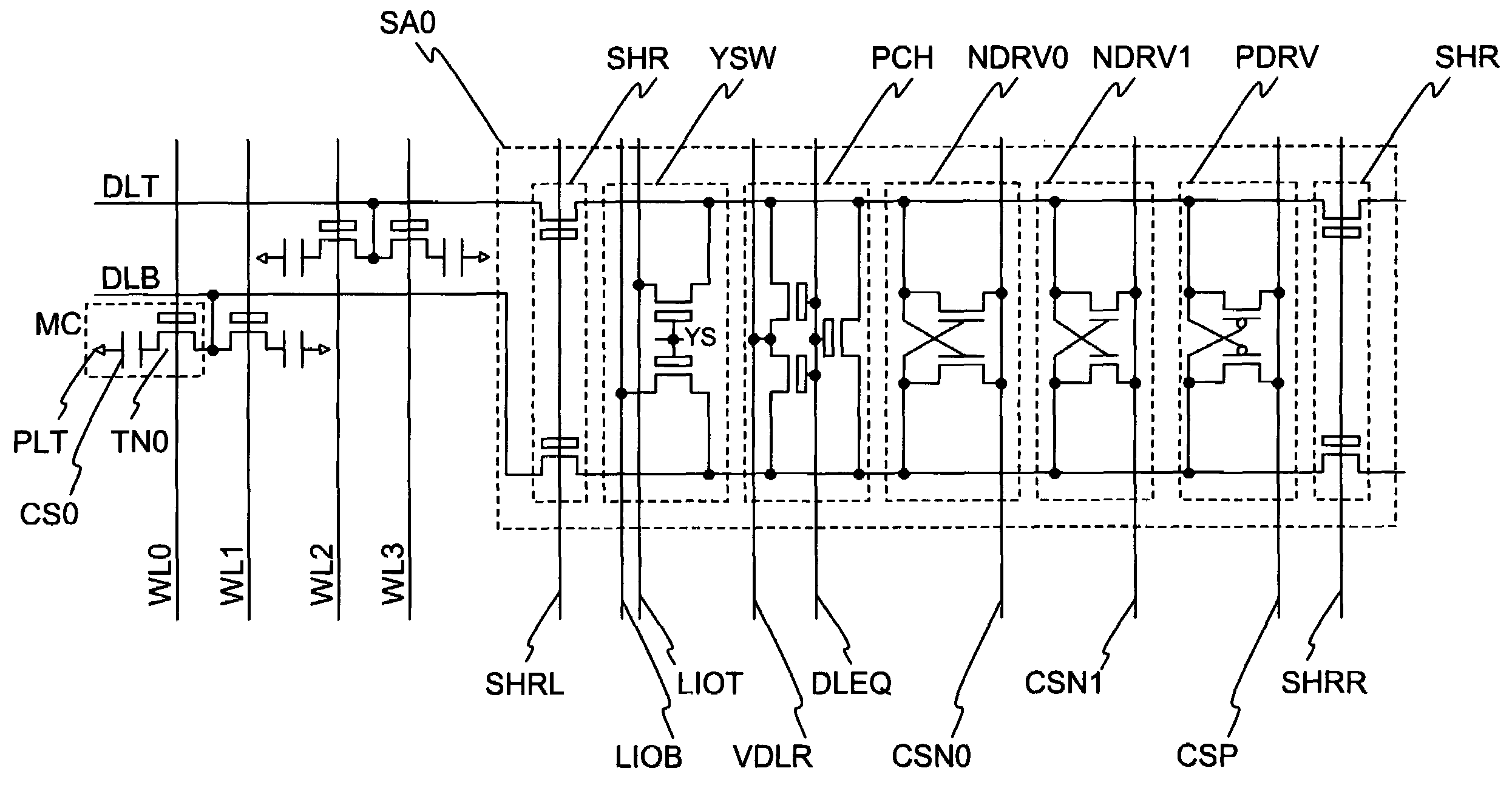 Memory device having high speed sense amplifier comprising pull-up circuit and pull-down circuits with different drivability for each