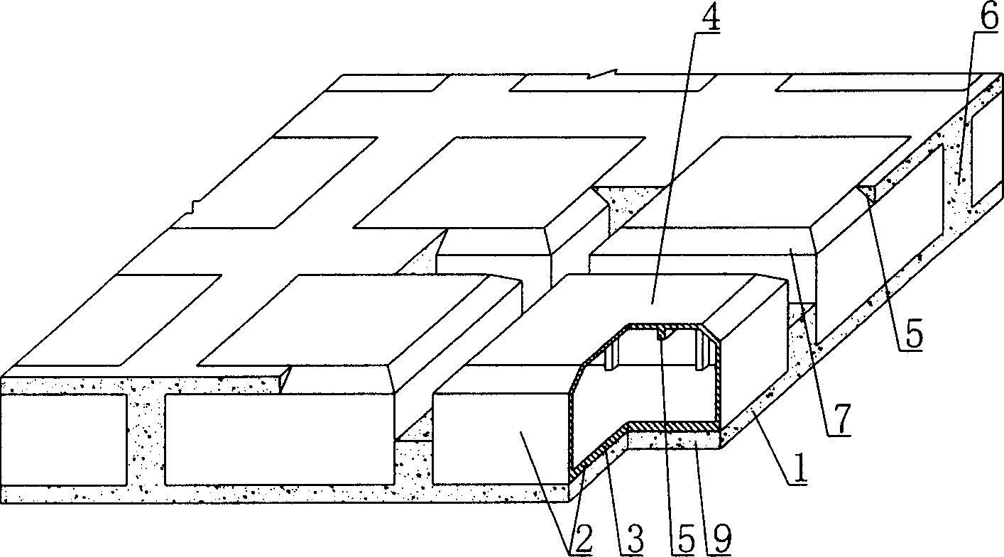 Hollow slab made from concrete reinforced by steel bar cast in-site