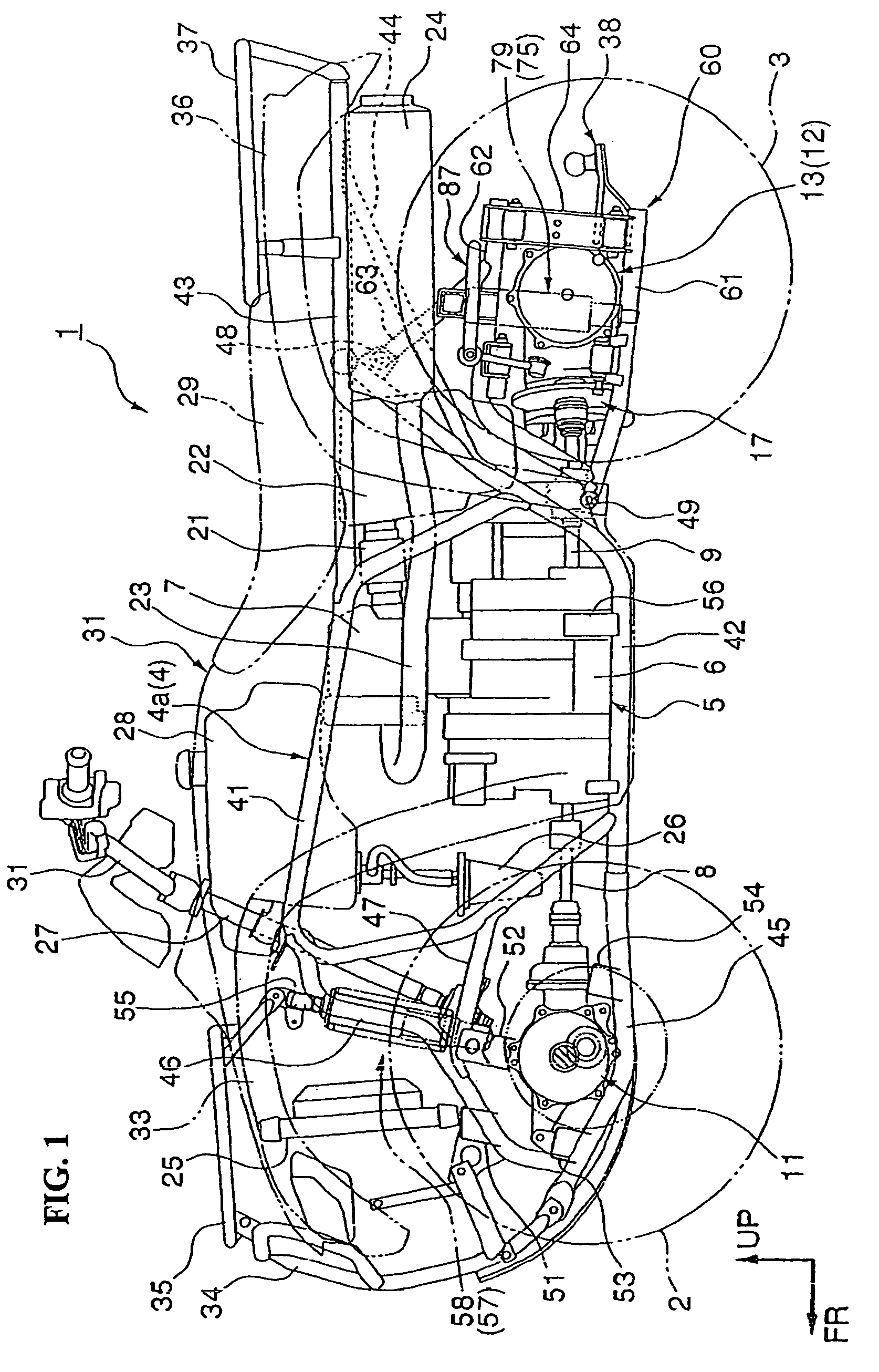 Suspension structure with improved shock absorber arrangement, and vehicle incorporating same