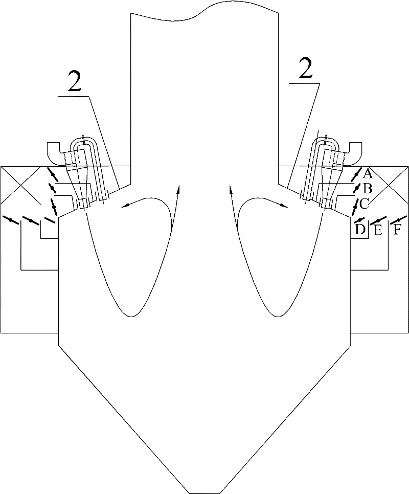 W flame boiler for avoiding clinkering on water-cooled walls of wing walls and sidewalls by four-corner ventilation