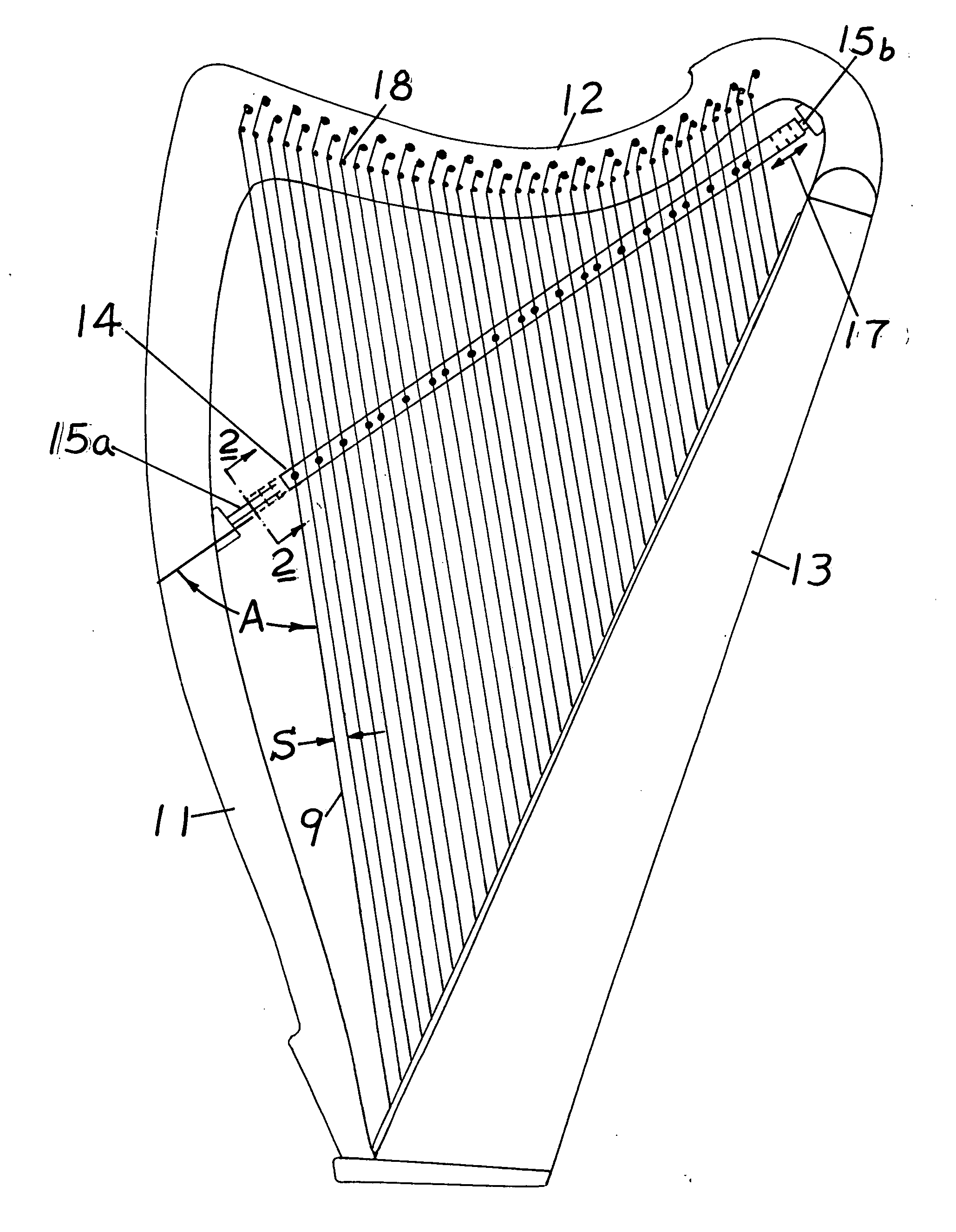 In-line chromatic harp with an adjustable string guide