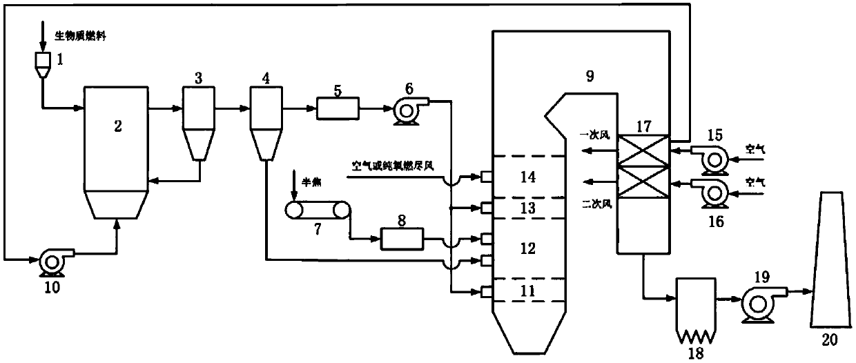 Biomass fuel and semi-coke mixed burning system and method