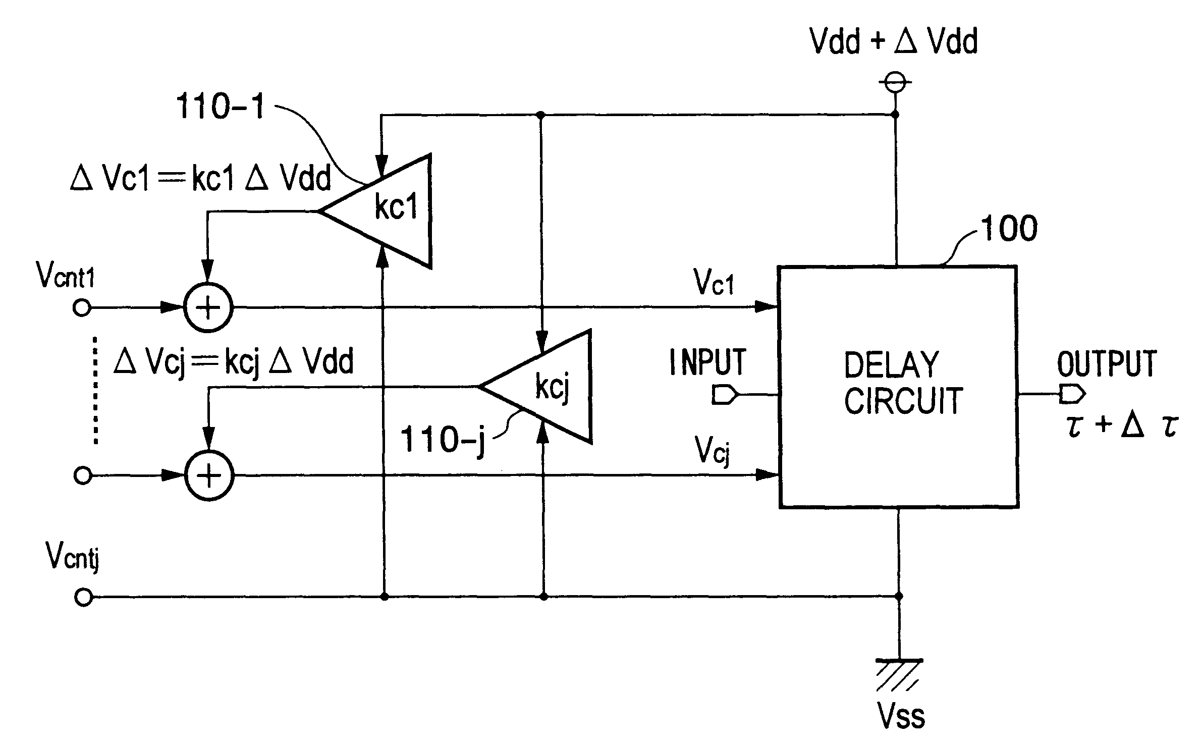 Delay circuit, voltage-controlled delay circuit, voltage-controlled oscillation circuit, delay adjustment circuit, DLL circuit, and PLL circuit
