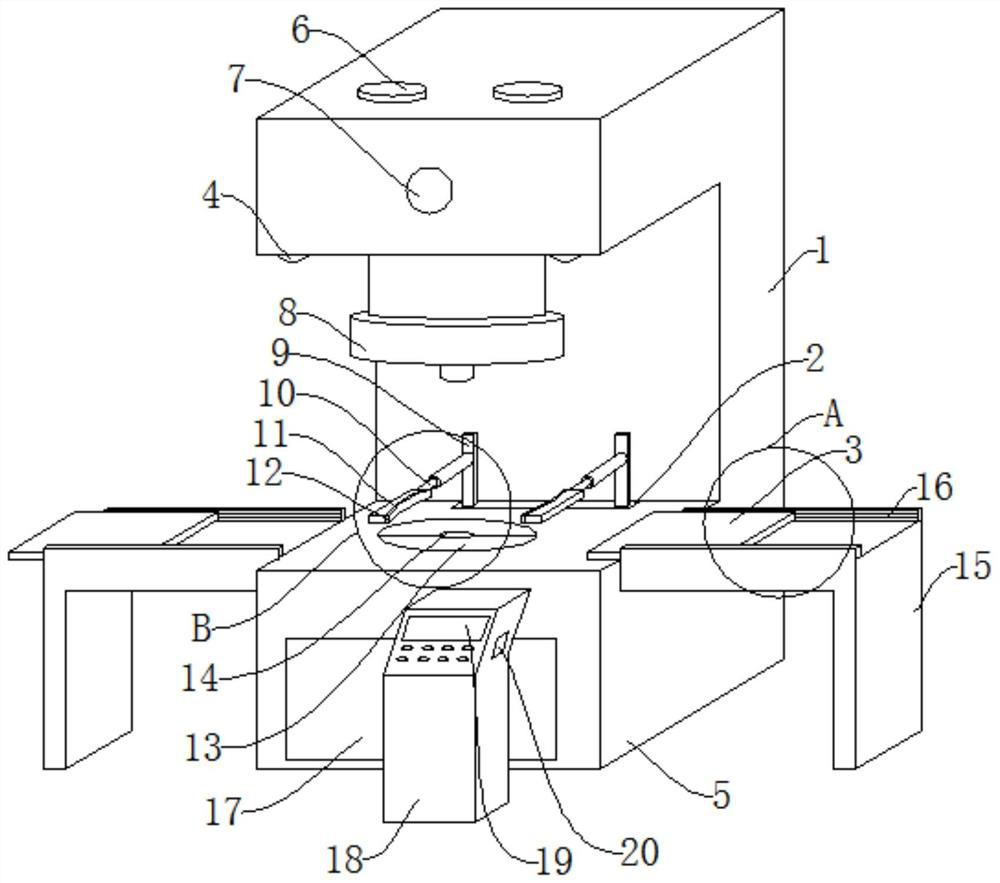 Open type double-column fixed type press machine for punching processing of anchoring ratchet wheel base of contact network