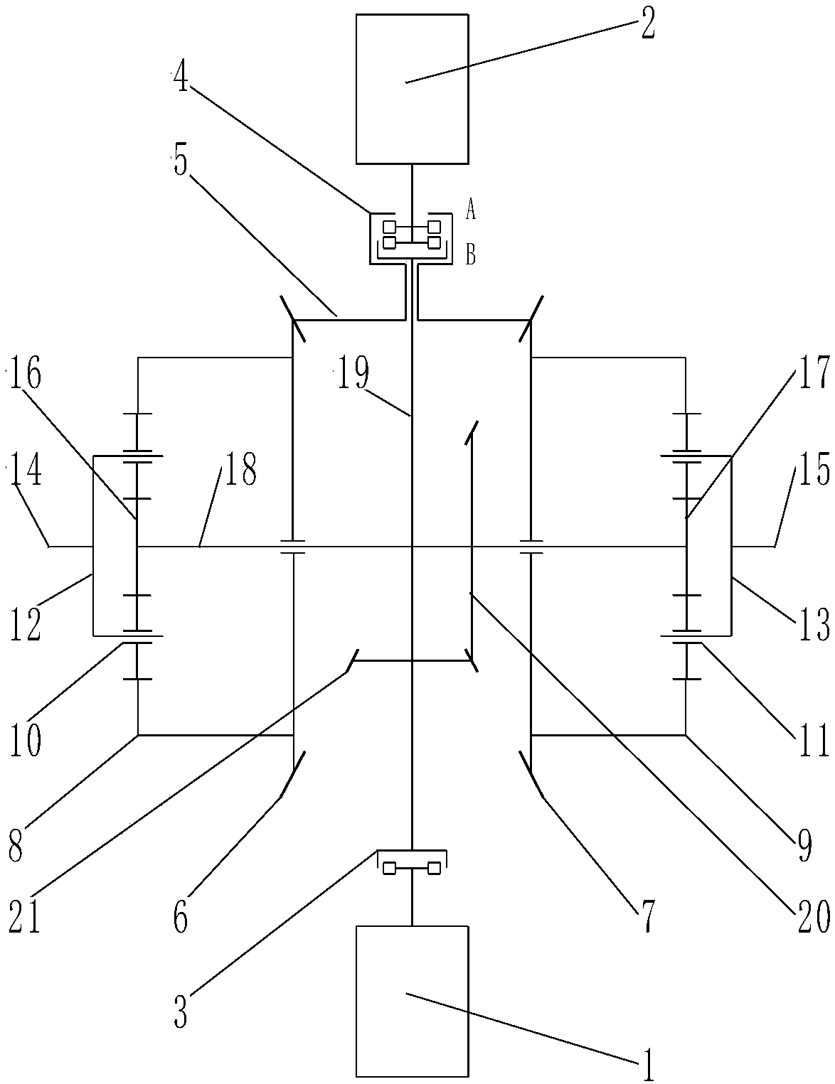 Cross shaft type electric transmission track-laying vehicle differential traveling device driven by two motors