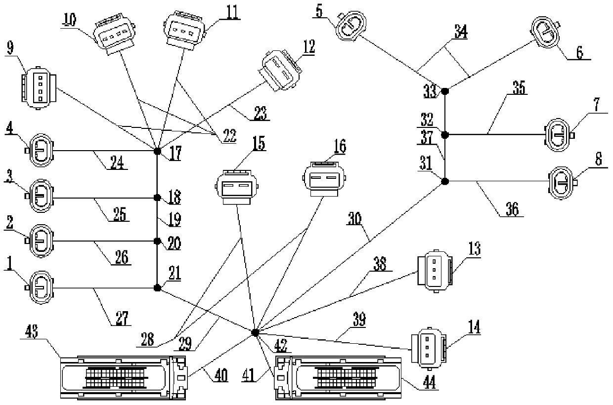 A V-shaped eight-cylinder dual-ecu electronically controlled engine wiring harness