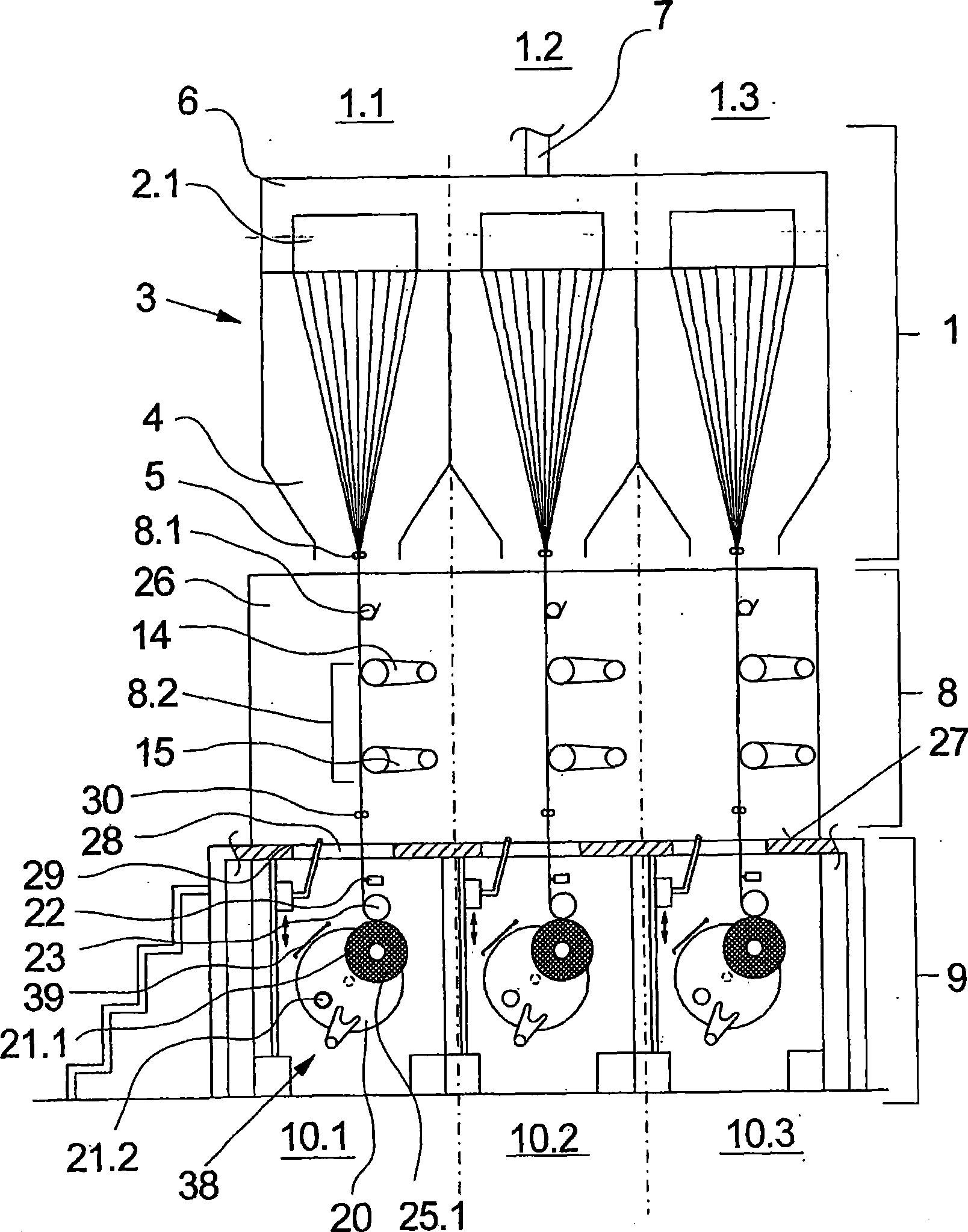 Device for melt spinning, treating and winding synthetic threads