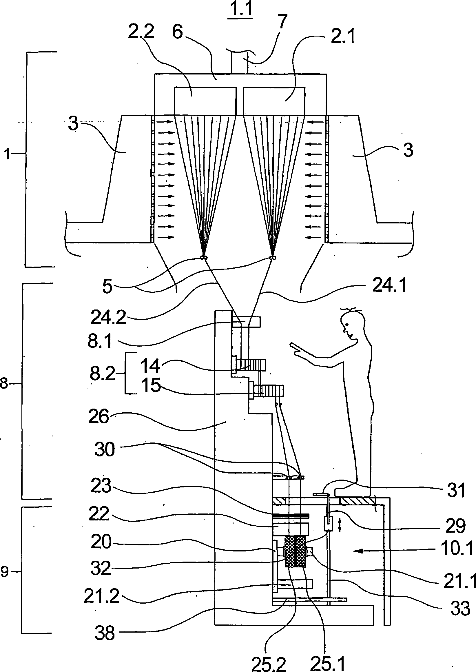 Device for melt spinning, treating and winding synthetic threads