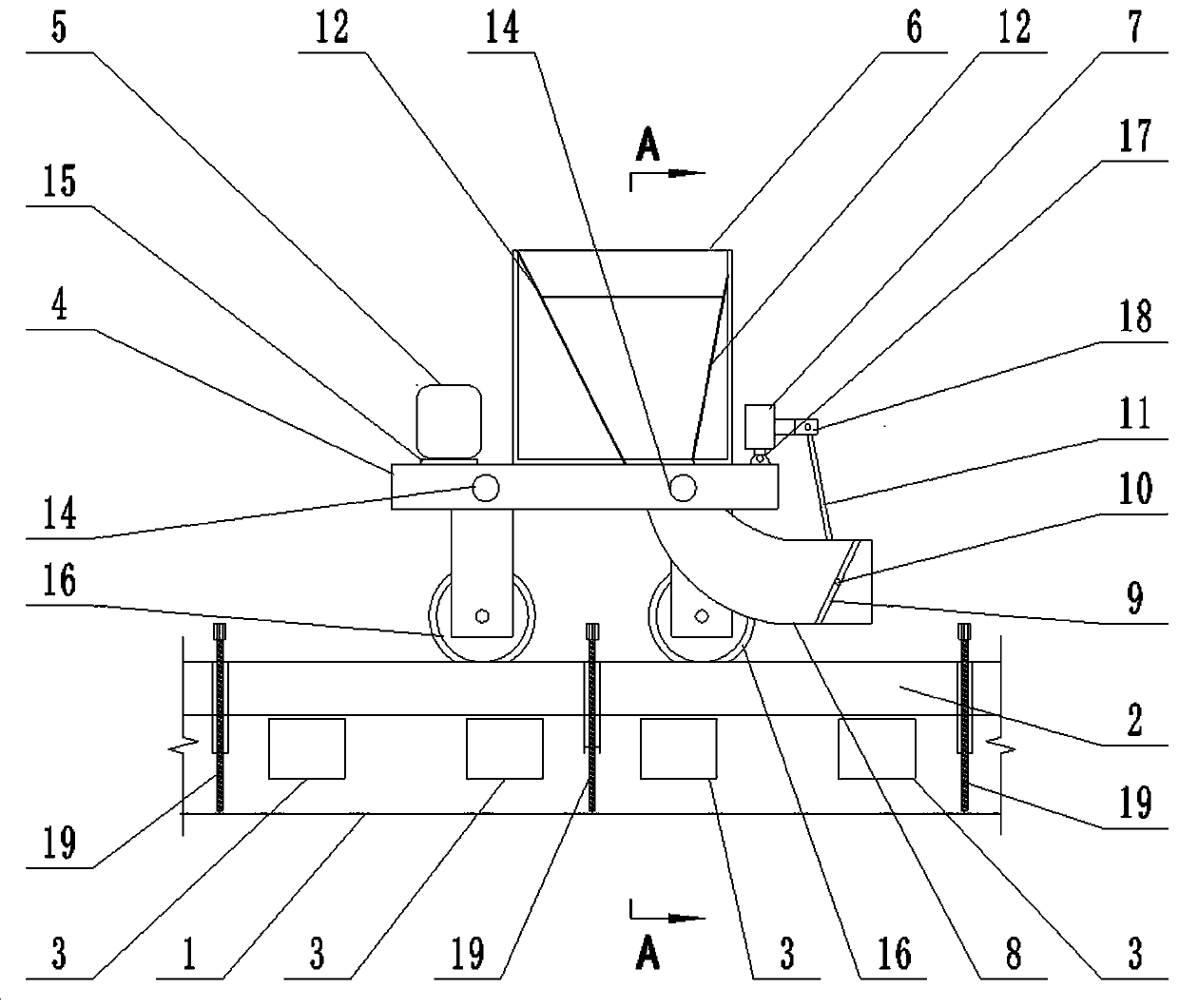 Concrete pouring device for cast-in-place ballastless track bed construction