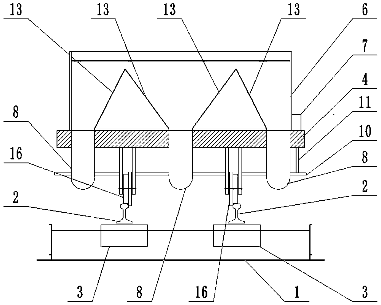 Concrete pouring device for cast-in-place ballastless track bed construction