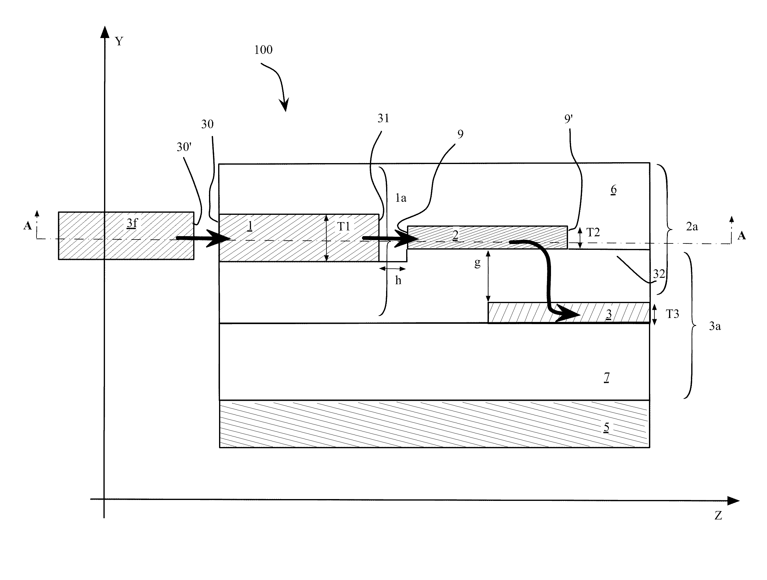 Optical mode transformer, in particular for coupling an optical fiber and a high-index contrast waveguide