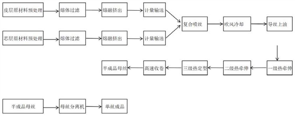 Production process of skin-core type polyester monofilament by separating mother yarn