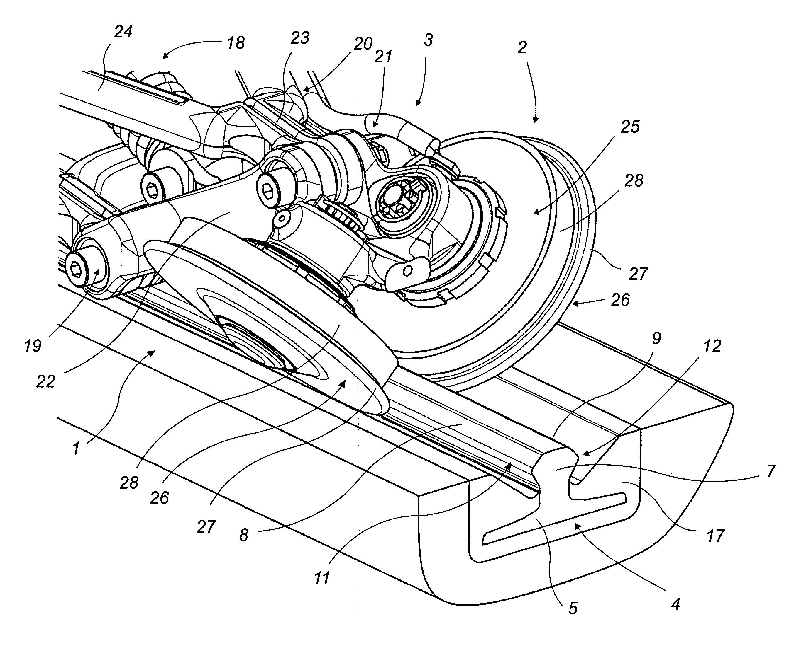 Guide assembly for guide rail comprising pair of angled guide wheels