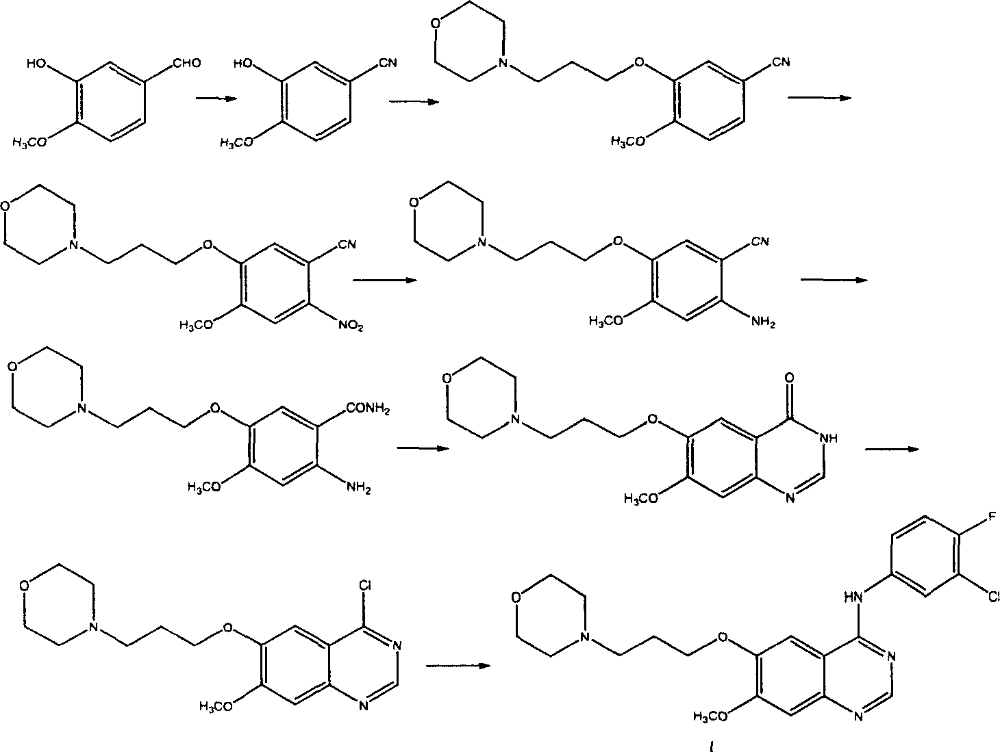 Preparation method of 4-(3-chlor-4-fluorobenzeneamidocyanogen)-7-methoxy-6-(3-morpholine oxypropyl)quinazoline