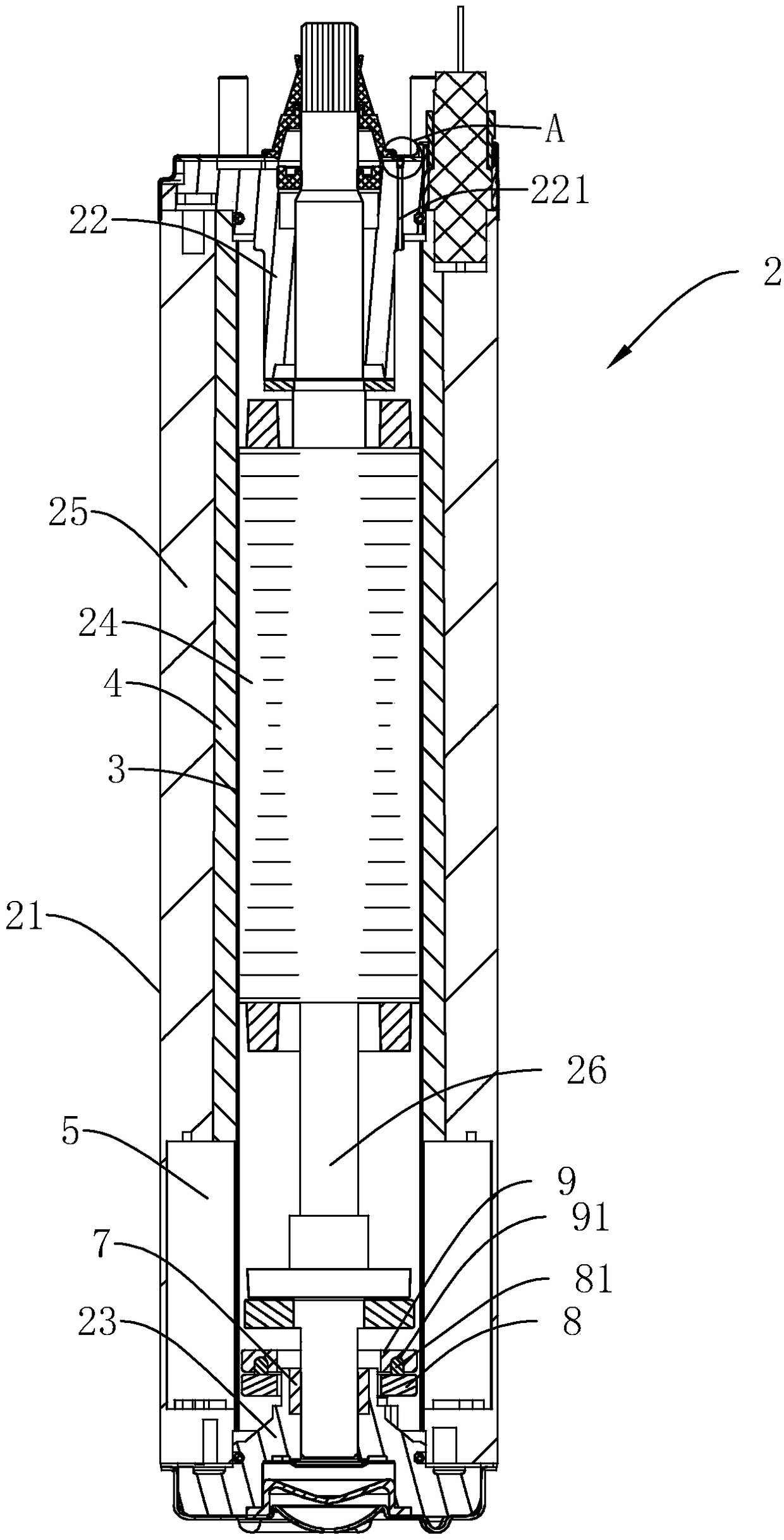 Deep well pump with efficient waterproof motor and production technology thereof