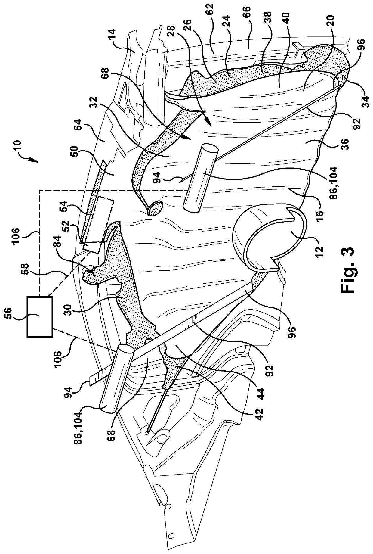 Airbag with deployment or movement controlling tensioner