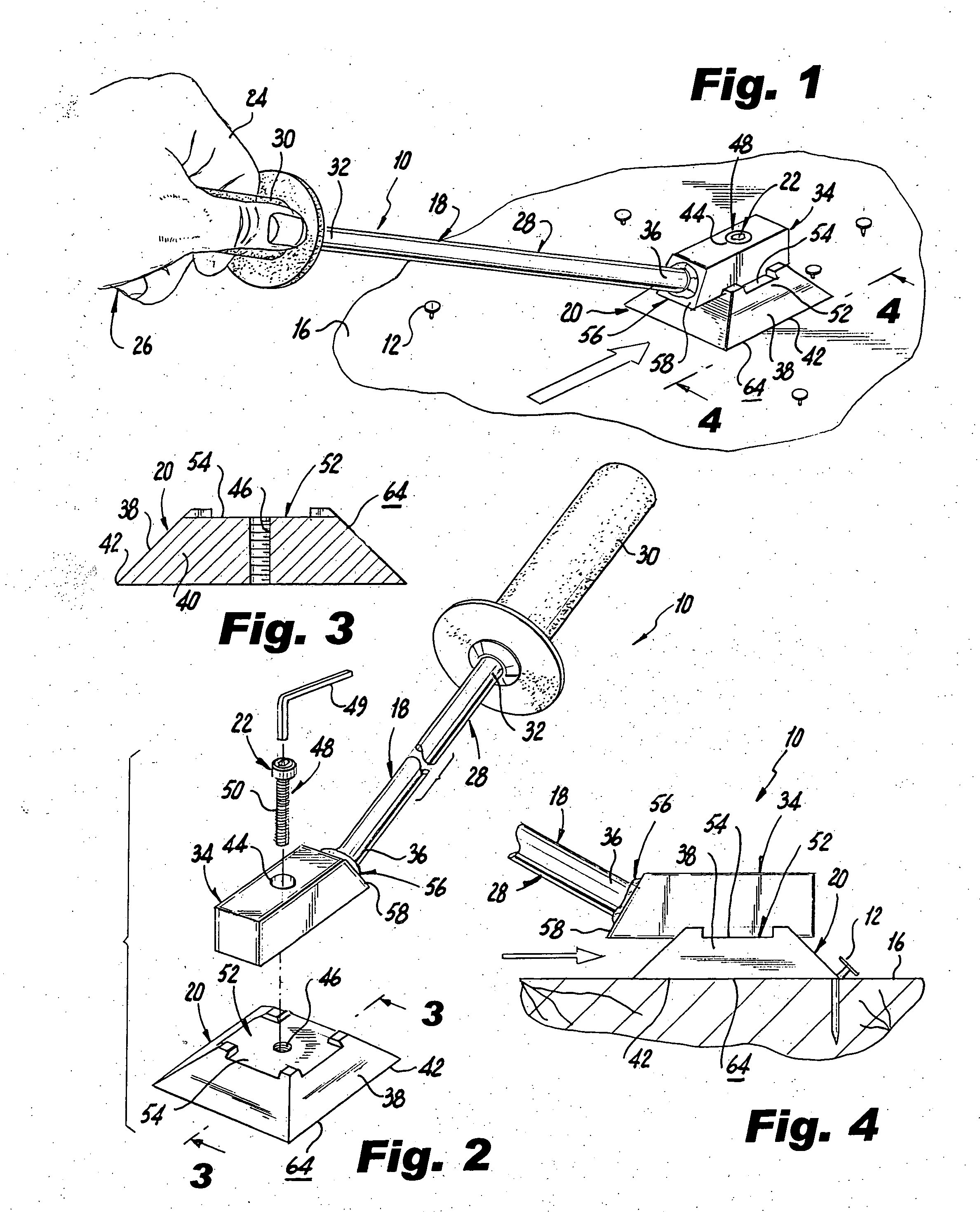 Scraper having weighted cutting head for removing nail heads and other debris from surfaces