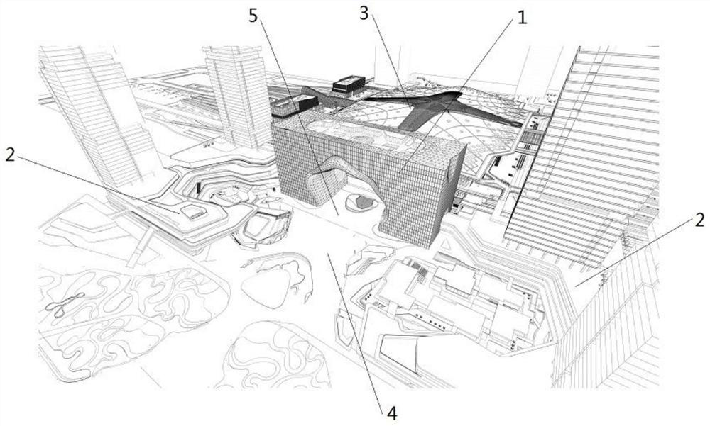 Three-dimensional composite building structure in front of railway station