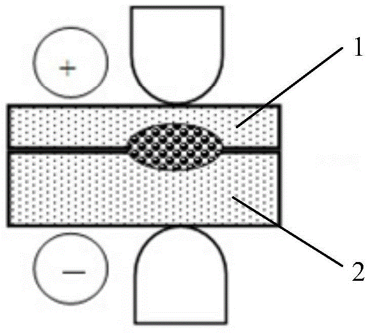 Spot or projection welding method using potential difference between positive and negative electrodes