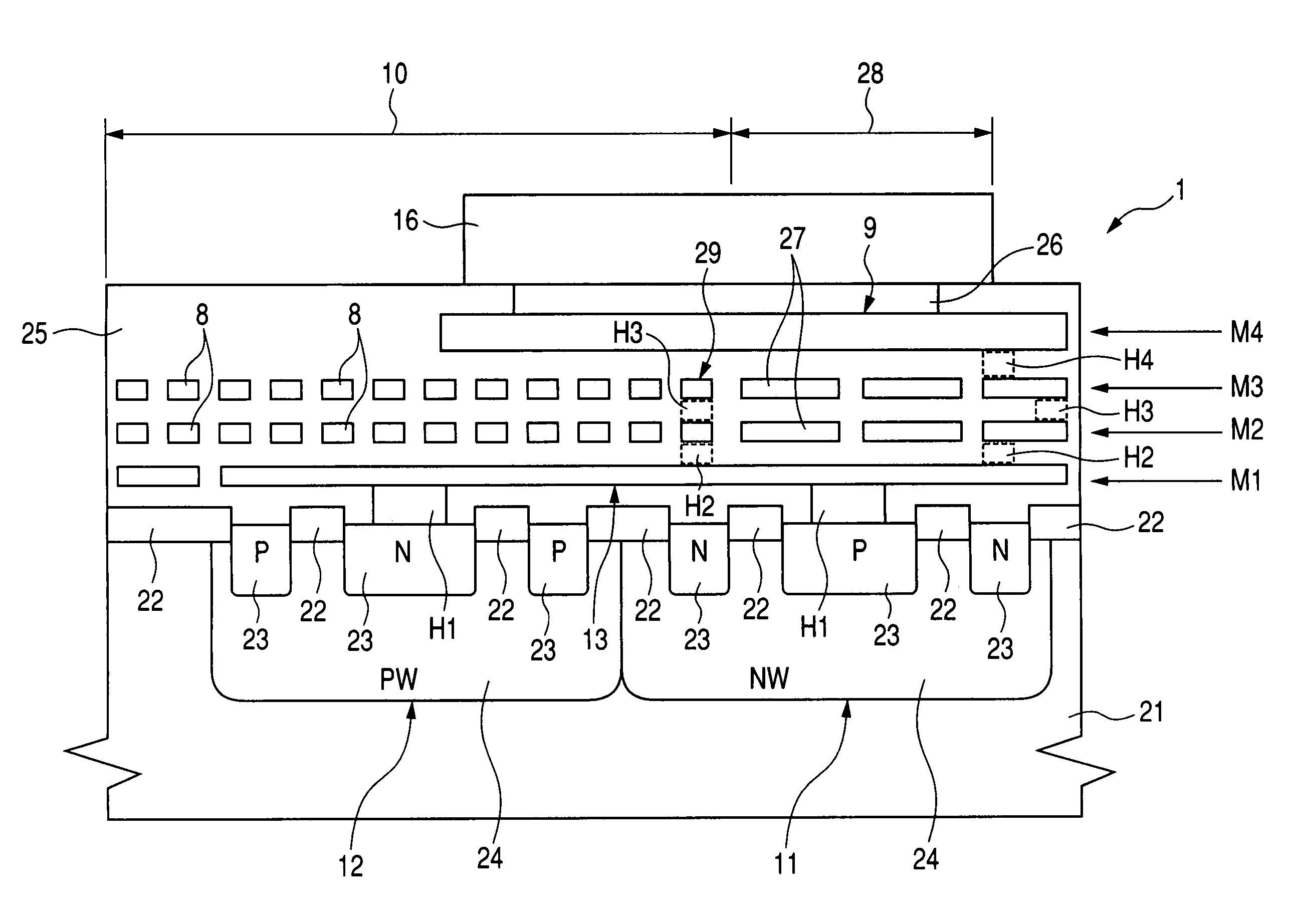 Semiconductor device with signal wirings that pass through under the output electrode pads and dummy wirings near the peripheral portion