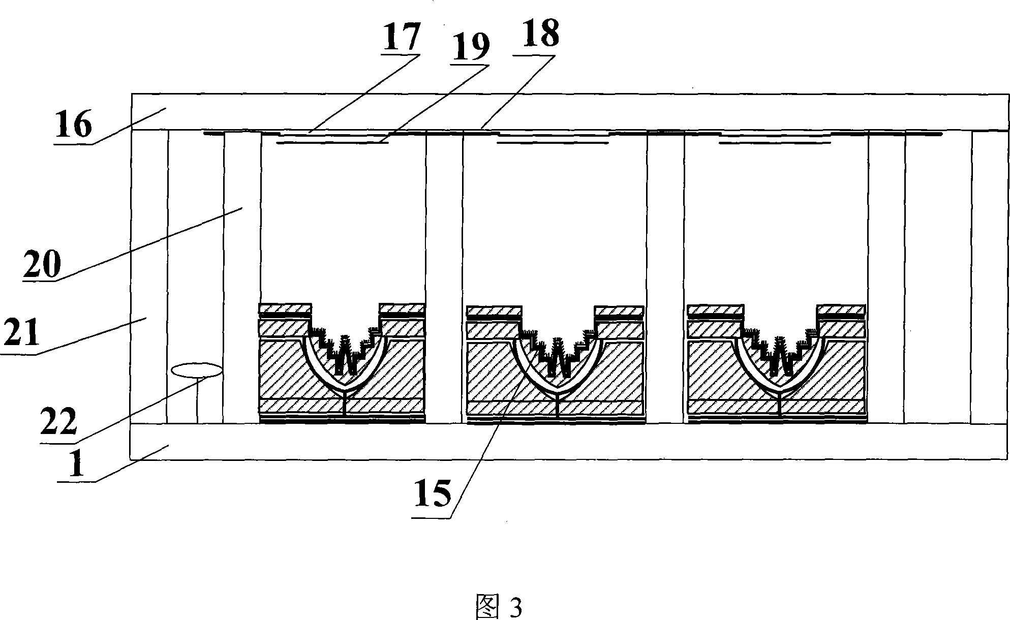 Planar display device with internal-concaved lowr-grid controlled stair cathode structure and its production