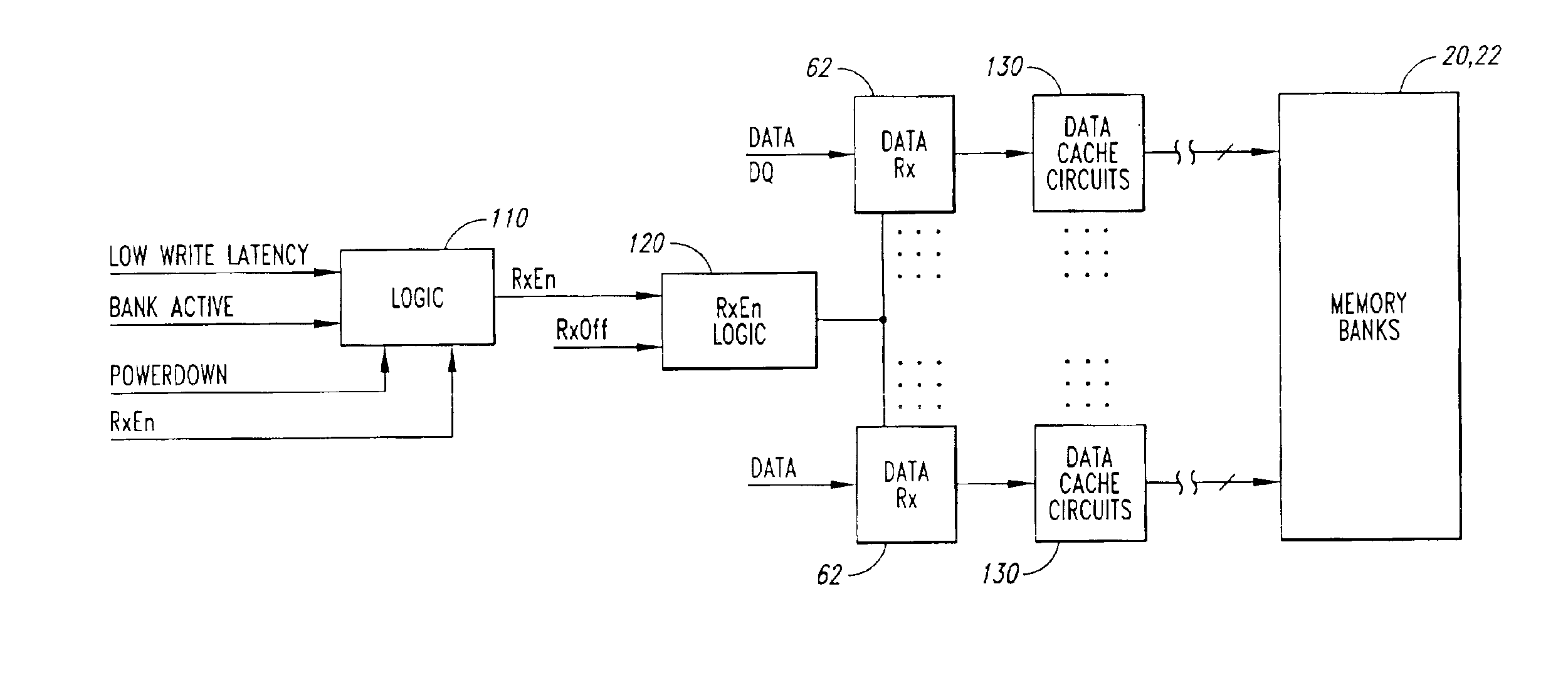 Memory device and method having low-power, high write latency mode and high-power, low write latency mode and/or independently selectable write latency