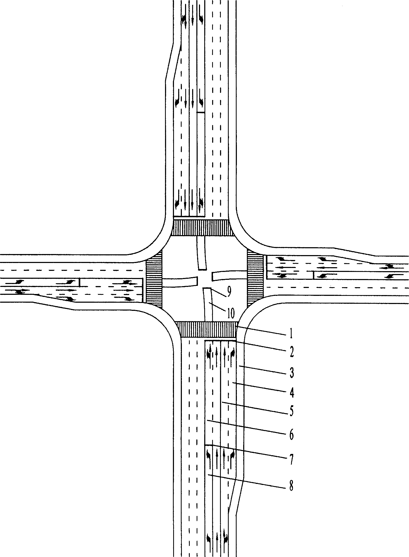 Traffic design and traffic control method for controlling planar crossroads by secondary stop of left-turning vehicles