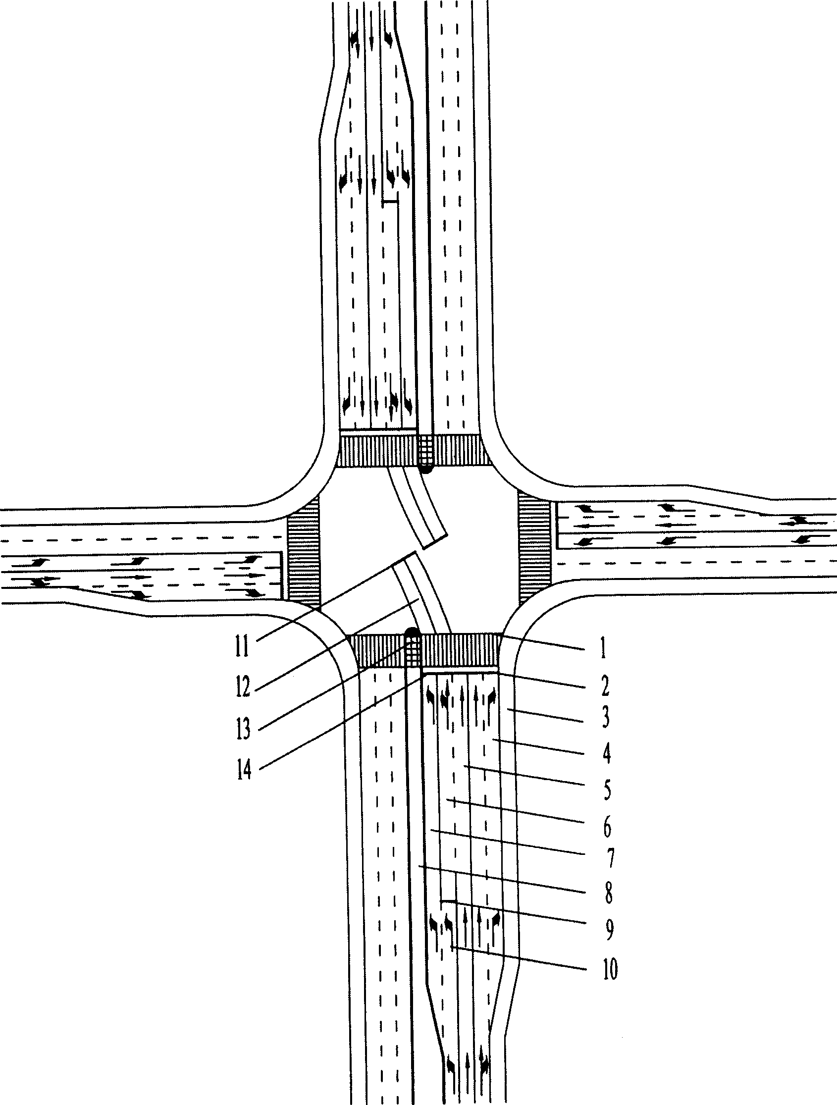 Traffic design and traffic control method for controlling planar crossroads by secondary stop of left-turning vehicles