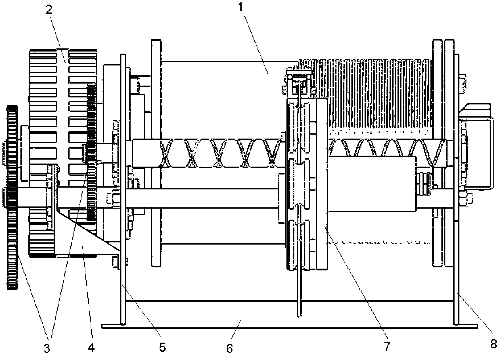 Rope coring and arranging winch with heavy hook falling freely