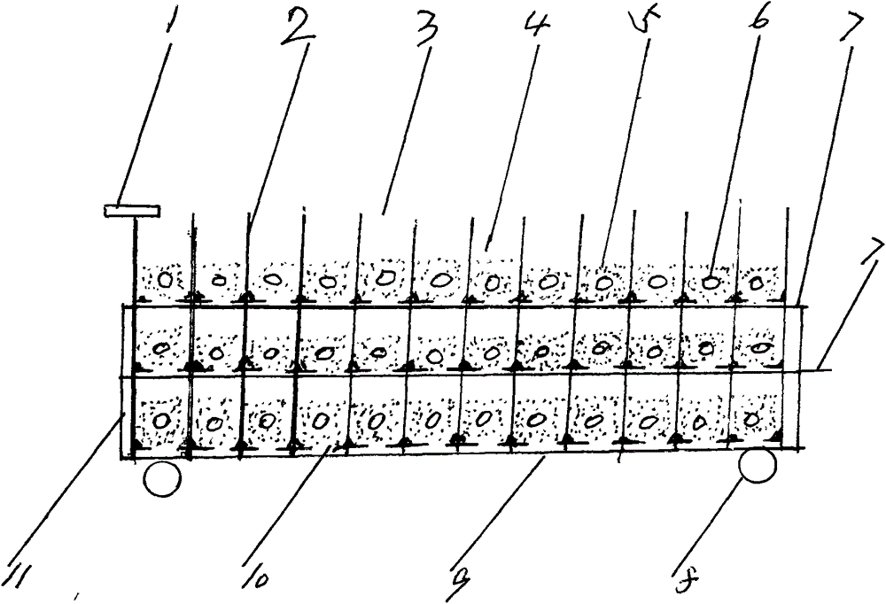 Movable spray-irrigation three-layer multi-drum seedling device