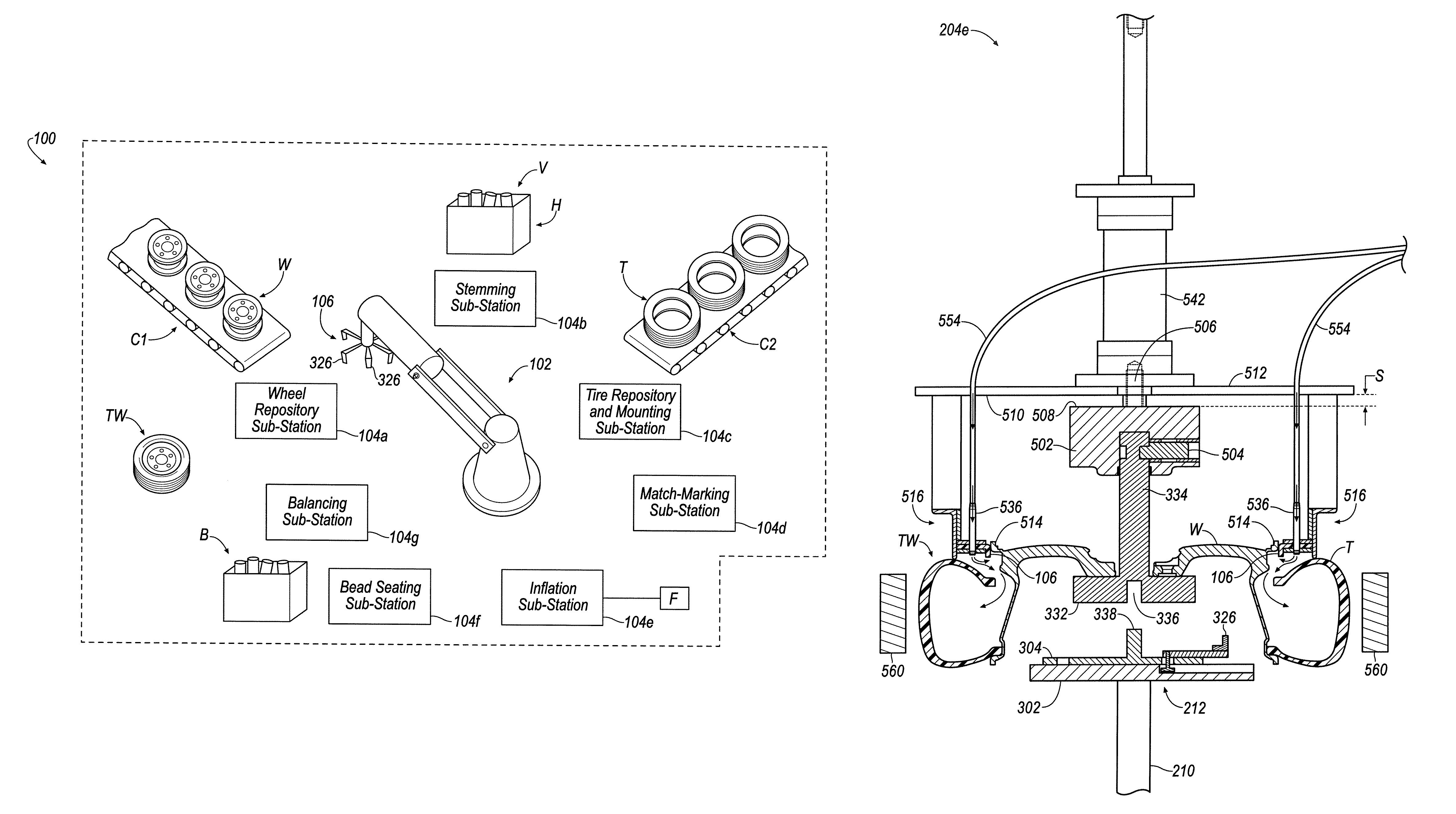 Workcell for tire and wheel assembly including a tire inflating sub-station that utilizes a flexible flip seal