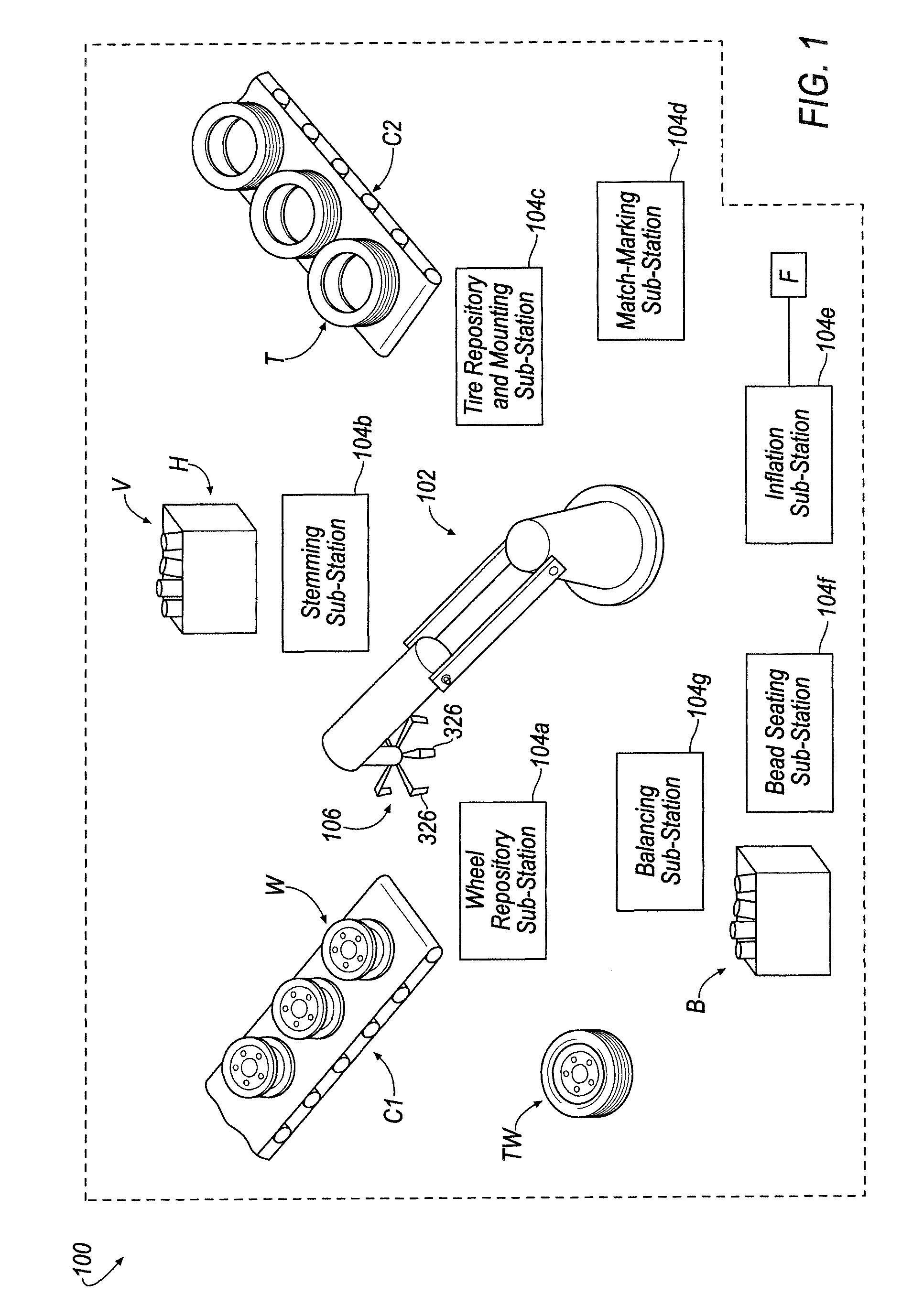 Workcell for tire and wheel assembly including a tire inflating sub-station that utilizes a flexible flip seal