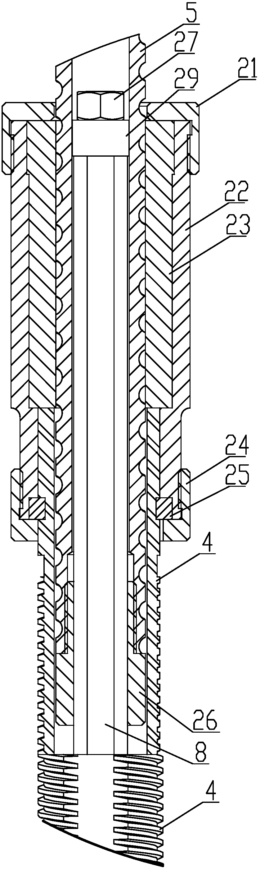 A hollow screw rod double helix device